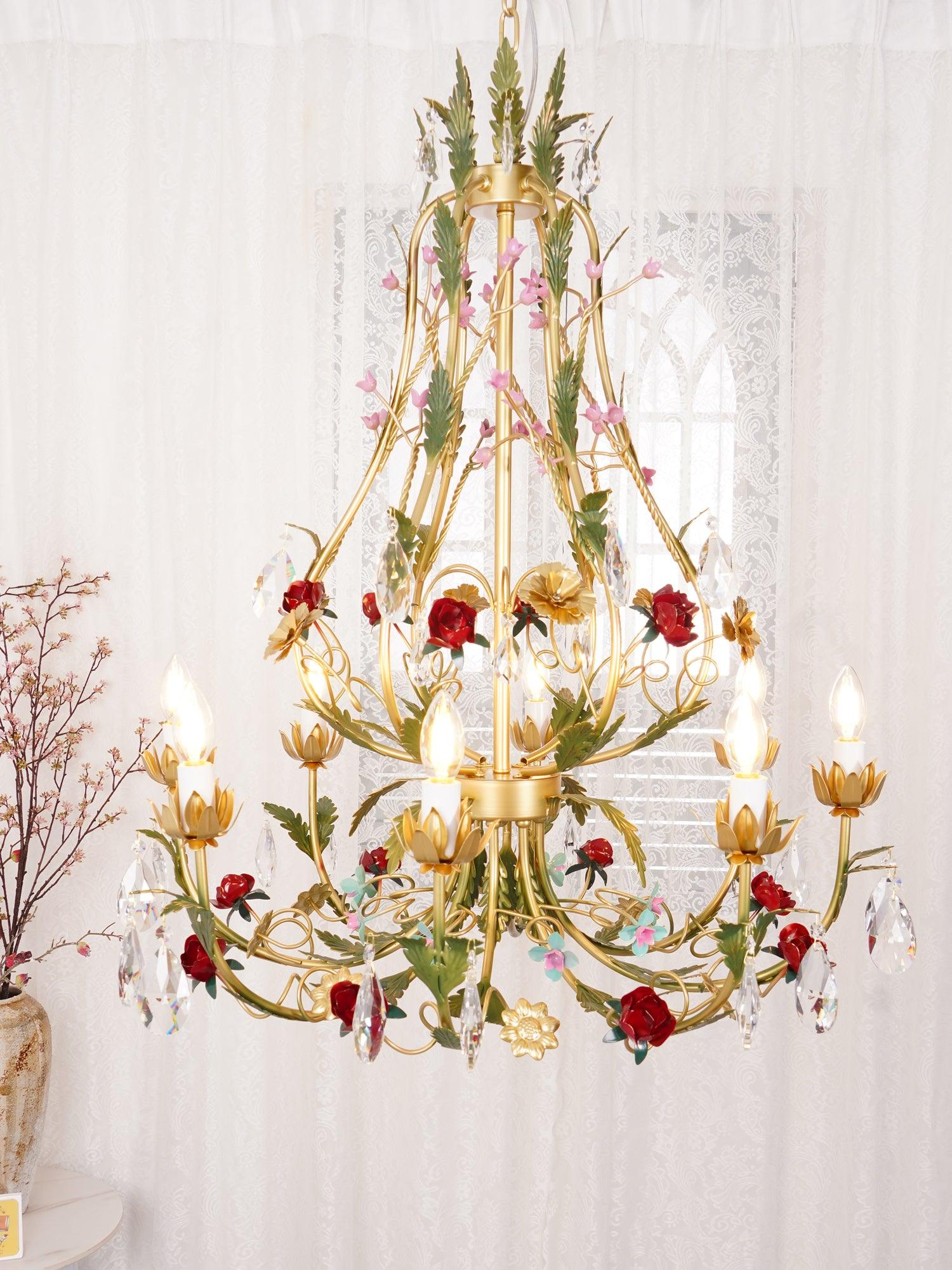 Dythan Chandelier Brass Floral Rose Crystal Candle-Neutral Decor