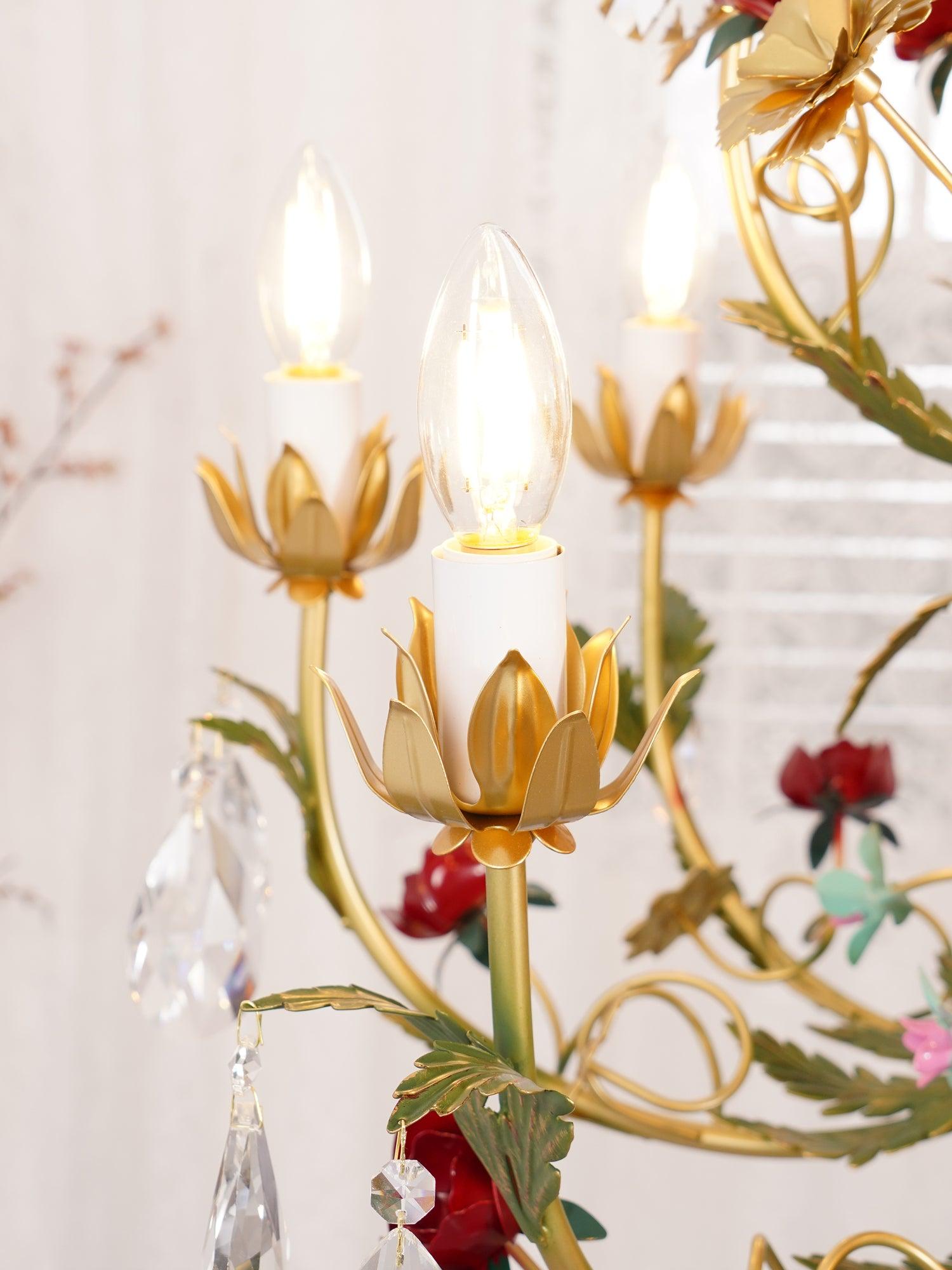 Dythan Chandelier Brass Floral Rose Crystal Candle-Neutral Decor