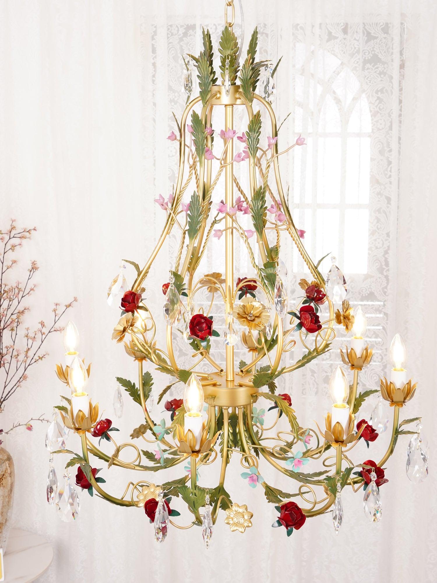 Dythan Chandelier Brass Floral Rose Crystal Candle-Neutral Decor