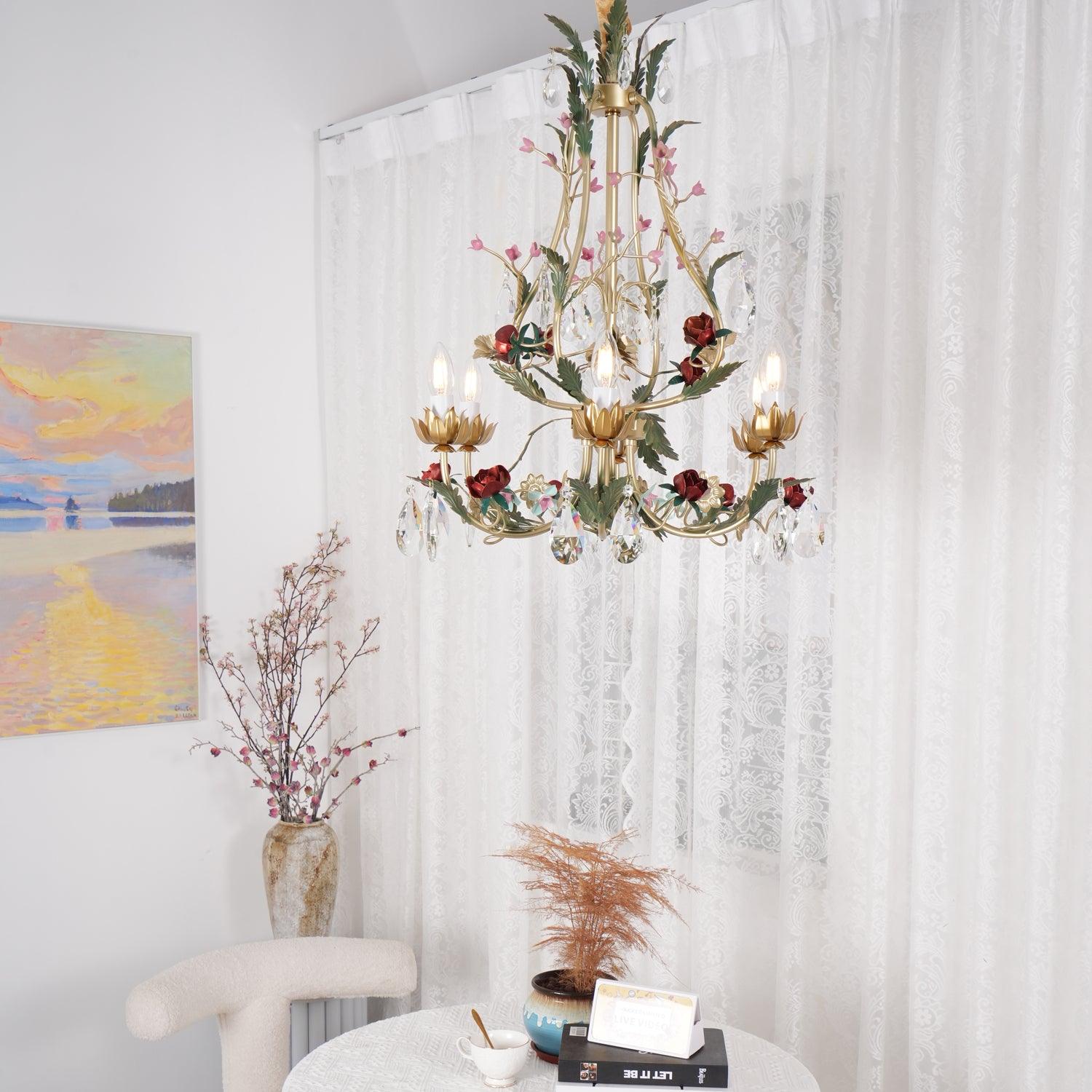 Dythan Chandelier Brass Floral Rose Crystal Candle-Neutral Decor