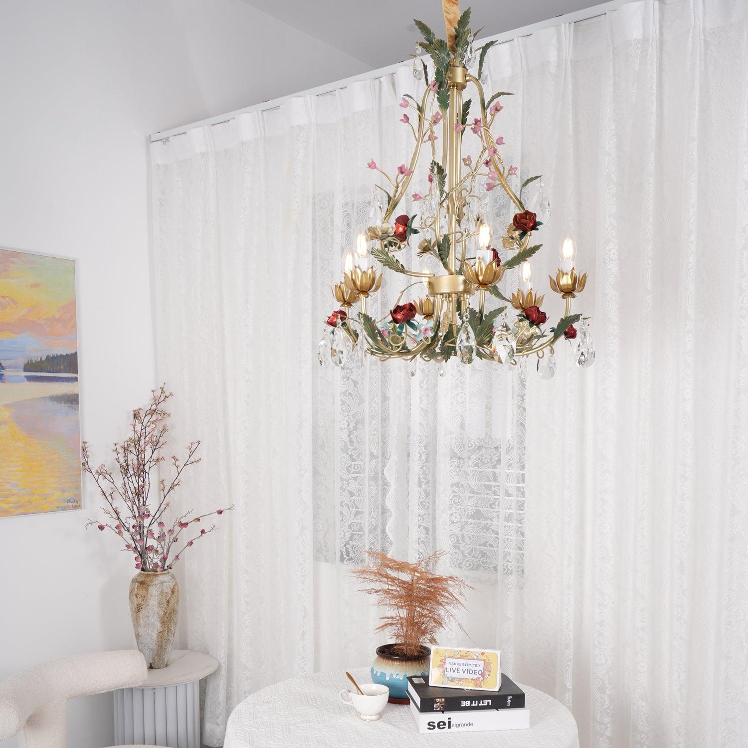 Dythan Chandelier Brass Floral Rose Crystal Candle-Neutral Decor