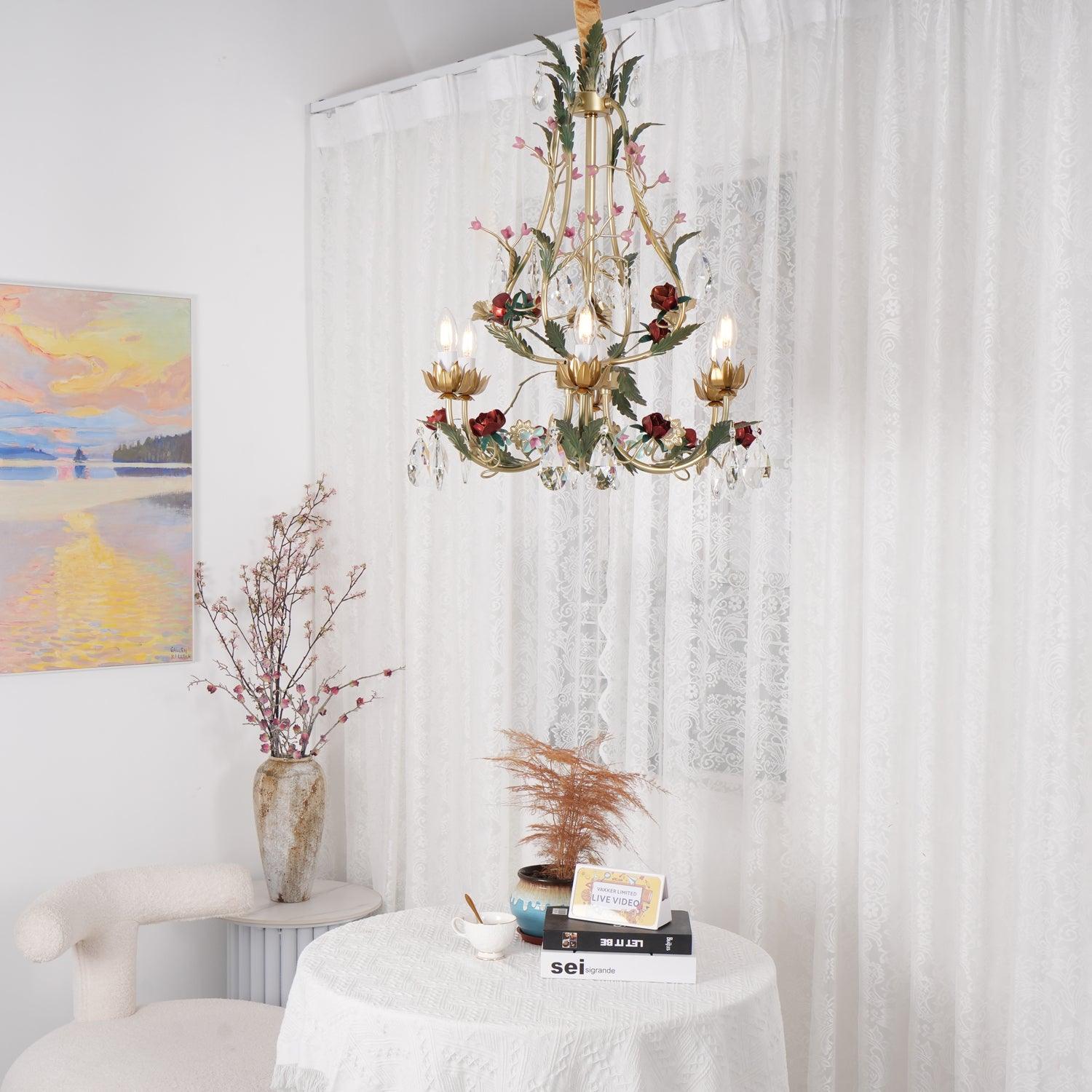 Dythan Chandelier Brass Floral Rose Crystal Candle-Neutral Decor