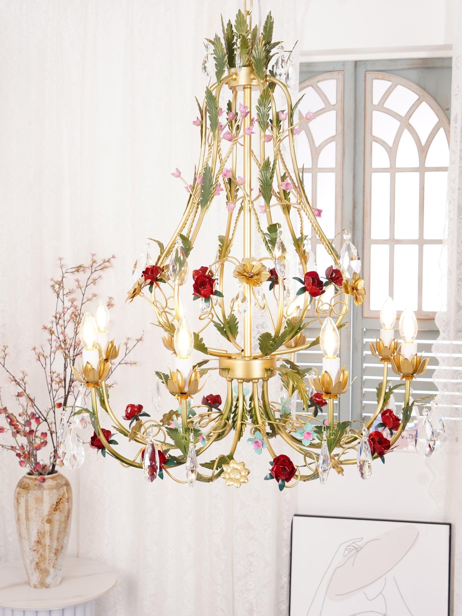 Dythan Chandelier Brass Floral Rose Crystal Candle-Neutral Decor