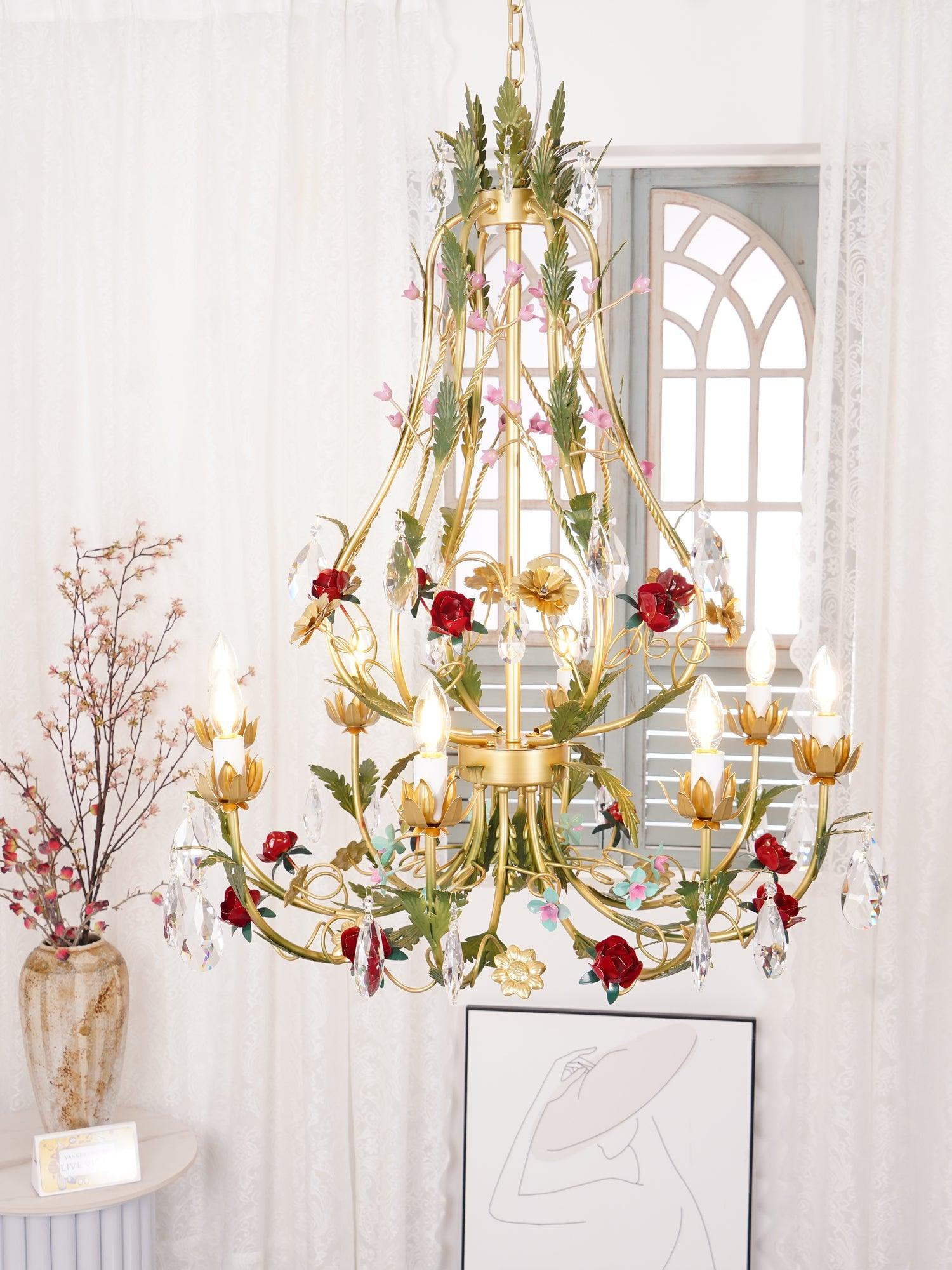 Dythan Chandelier Brass Floral Rose Crystal Candle-Neutral Decor