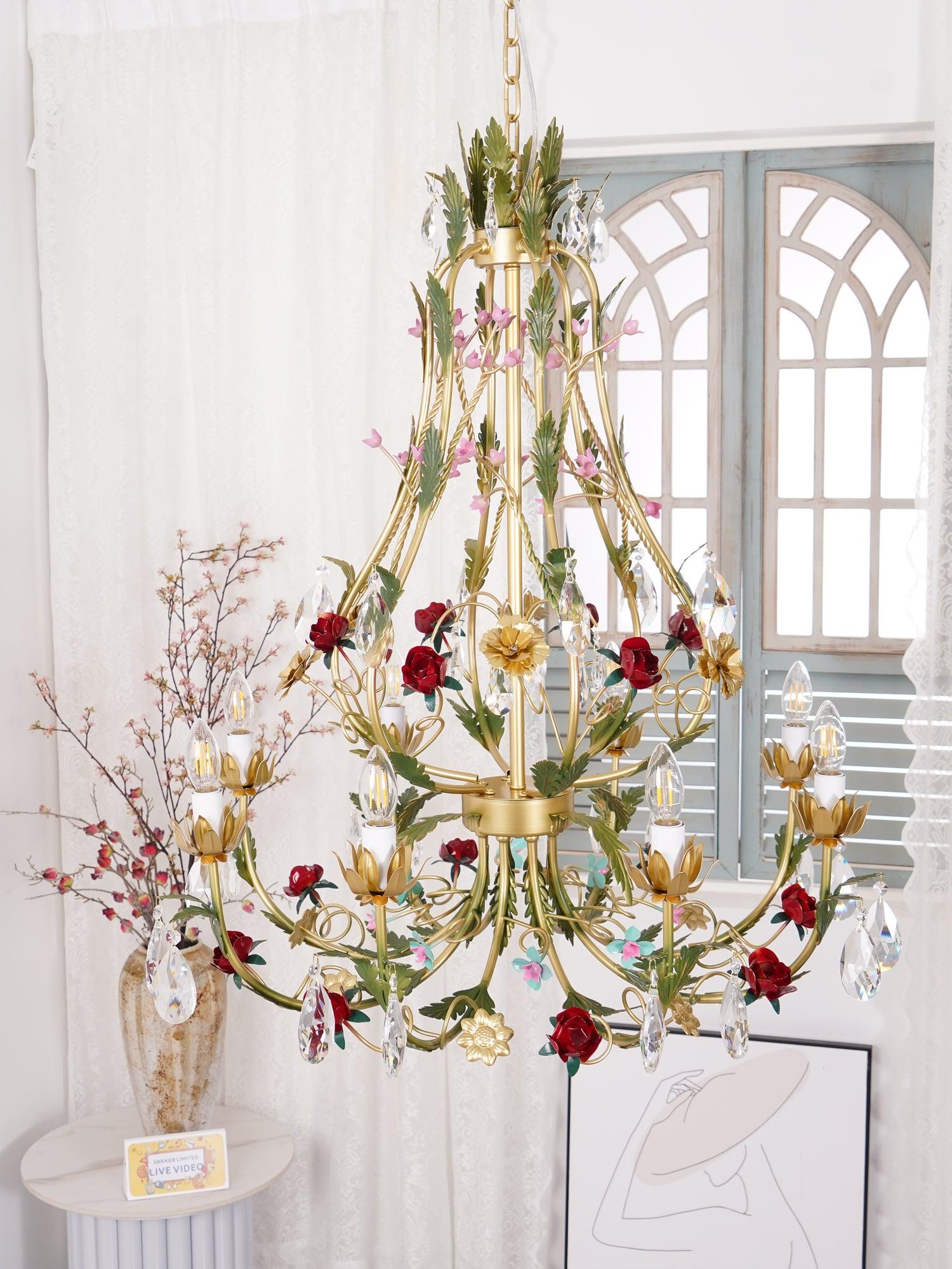 Dythan Chandelier Brass Floral Rose Crystal Candle-Neutral Decor