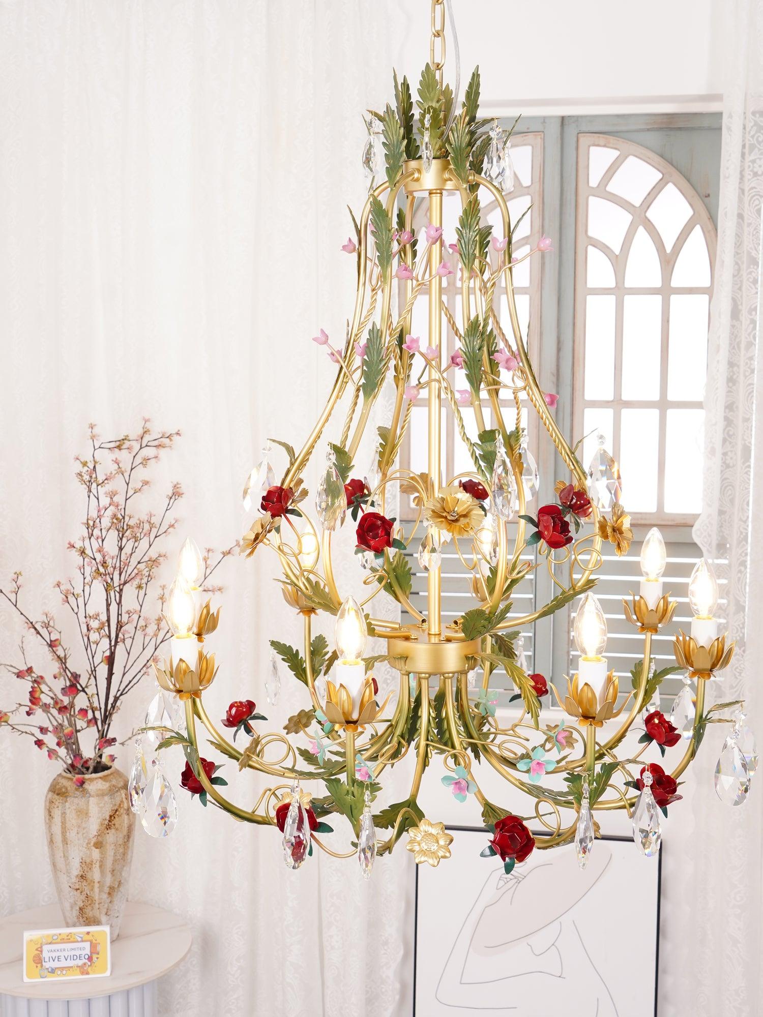 Dythan Chandelier Brass Floral Rose Crystal Candle-Neutral Decor