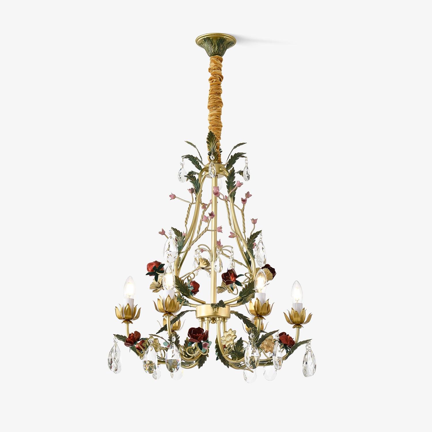 Dythan Chandelier Brass Floral Rose Crystal Candle-Neutral Decor