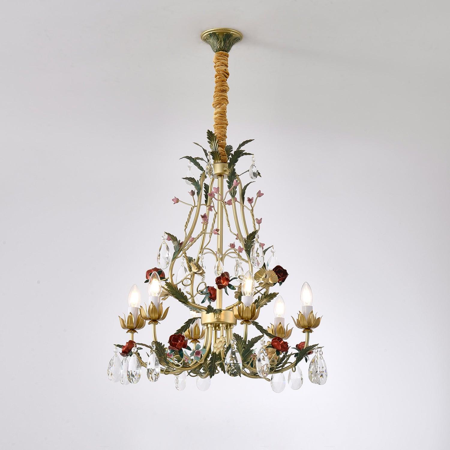 Dythan Chandelier Brass Floral Rose Crystal Candle-Neutral Decor