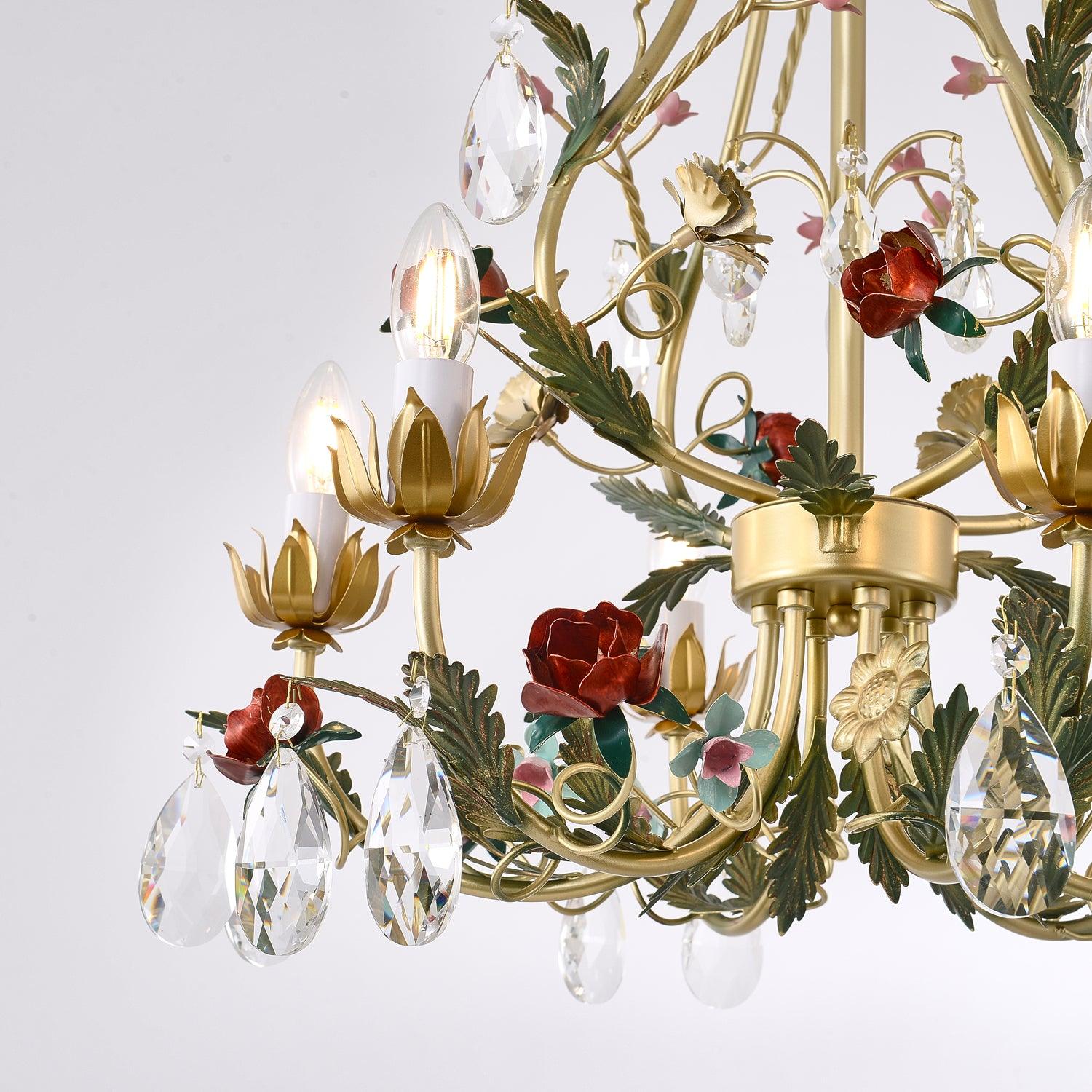 Dythan Chandelier Brass Floral Rose Crystal Candle-Neutral Decor