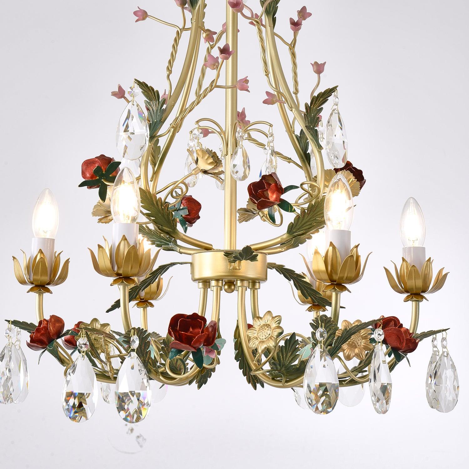 Dythan Chandelier Brass Floral Rose Crystal Candle-Neutral Decor