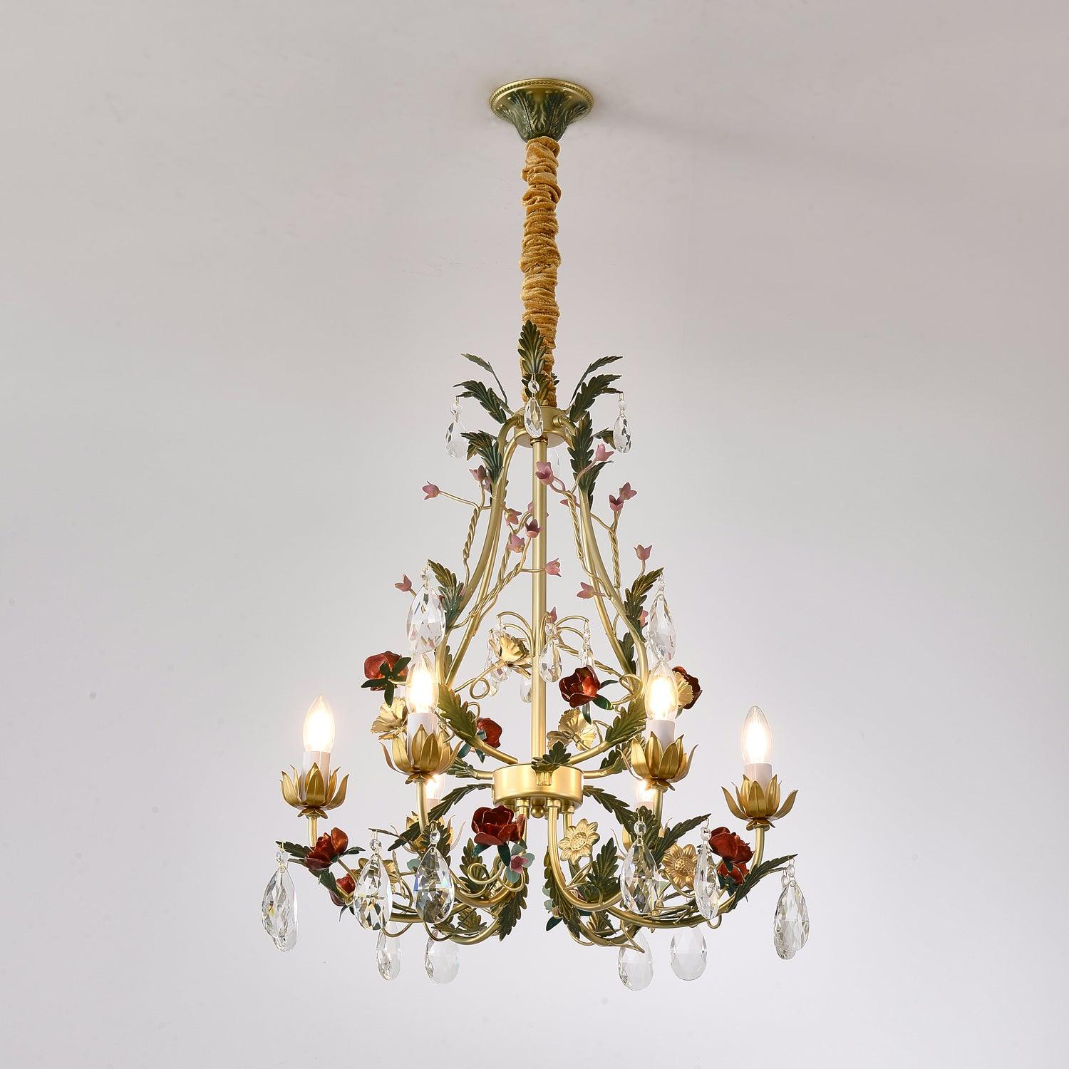 Dythan Chandelier Brass Floral Rose Crystal Candle-Neutral Decor