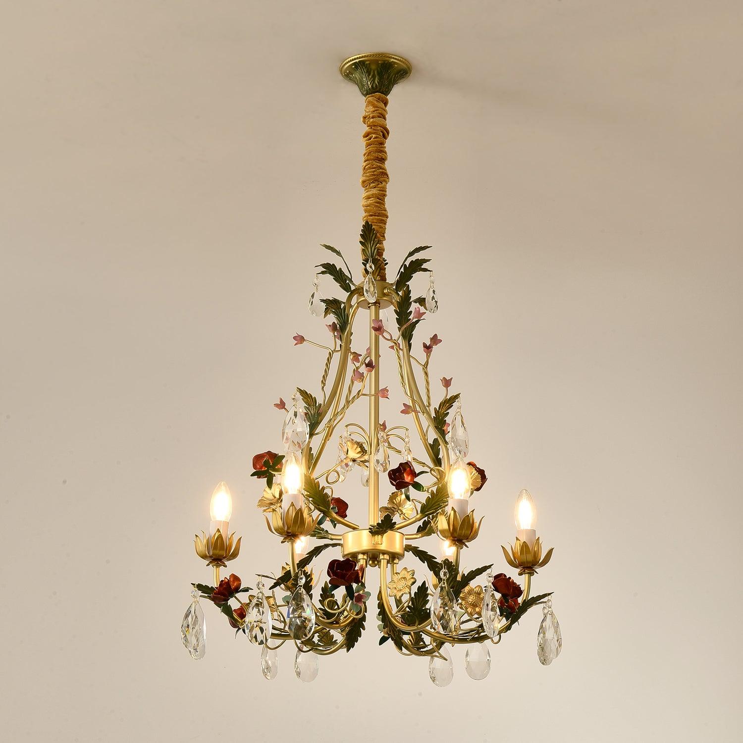Dythan Chandelier Brass Floral Rose Crystal Candle-Neutral Decor