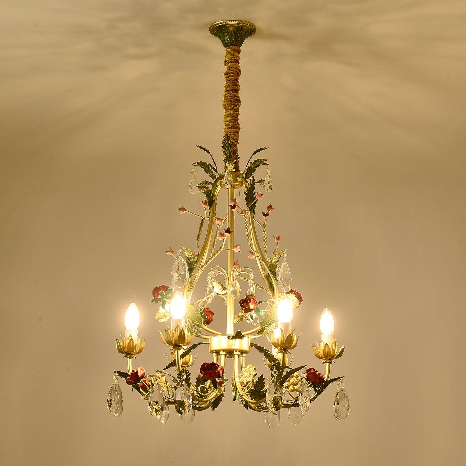 Dythan Chandelier Brass Floral Rose Crystal Candle-Neutral Decor