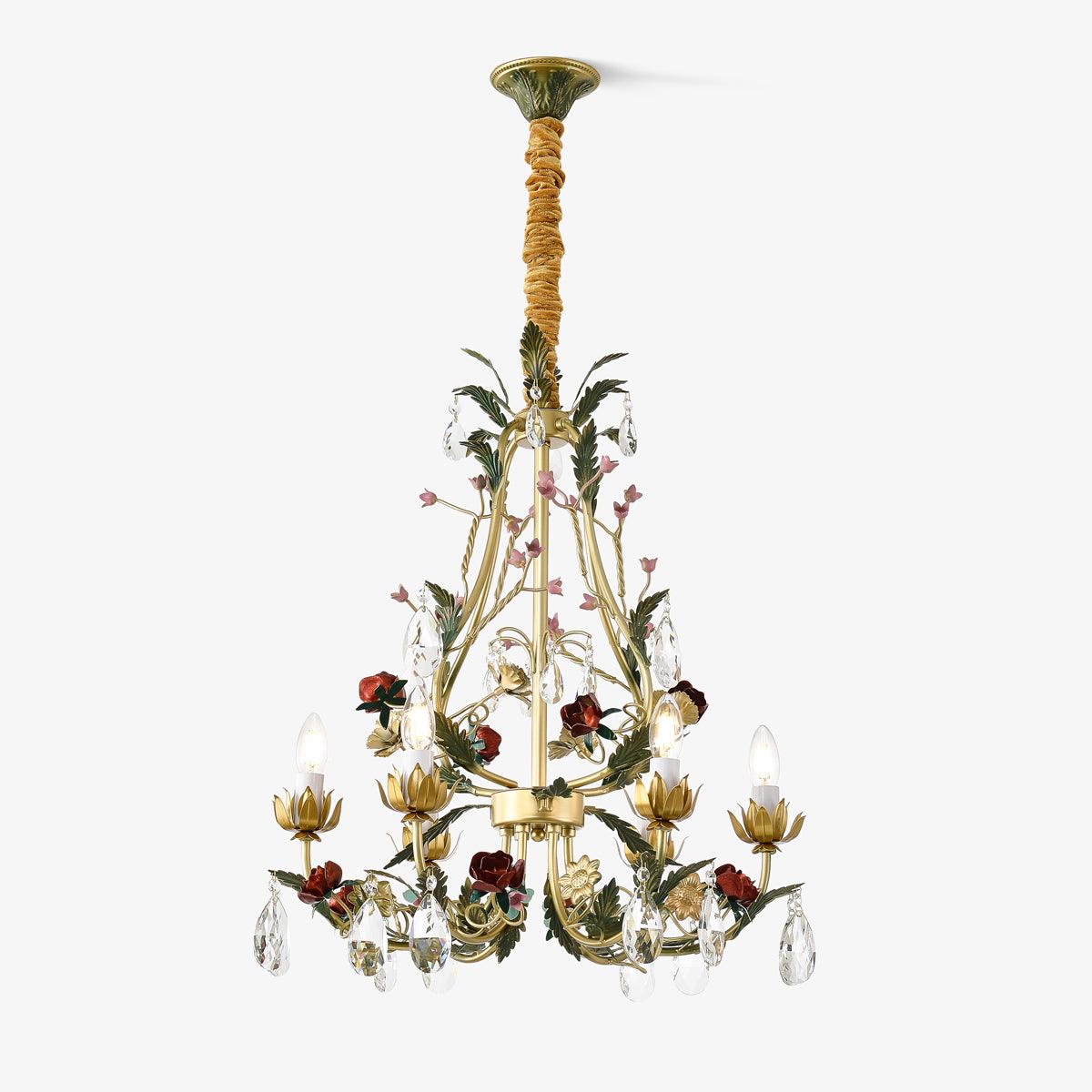 Dythan Chandelier Brass Floral Rose Crystal Candle-Neutral Decor