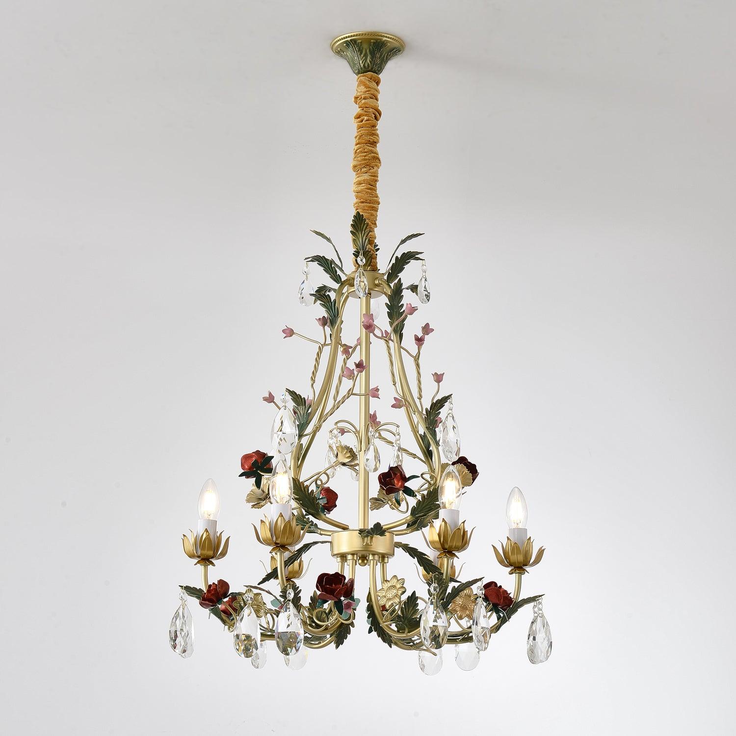Dythan Chandelier Brass Floral Rose Crystal Candle-Neutral Decor