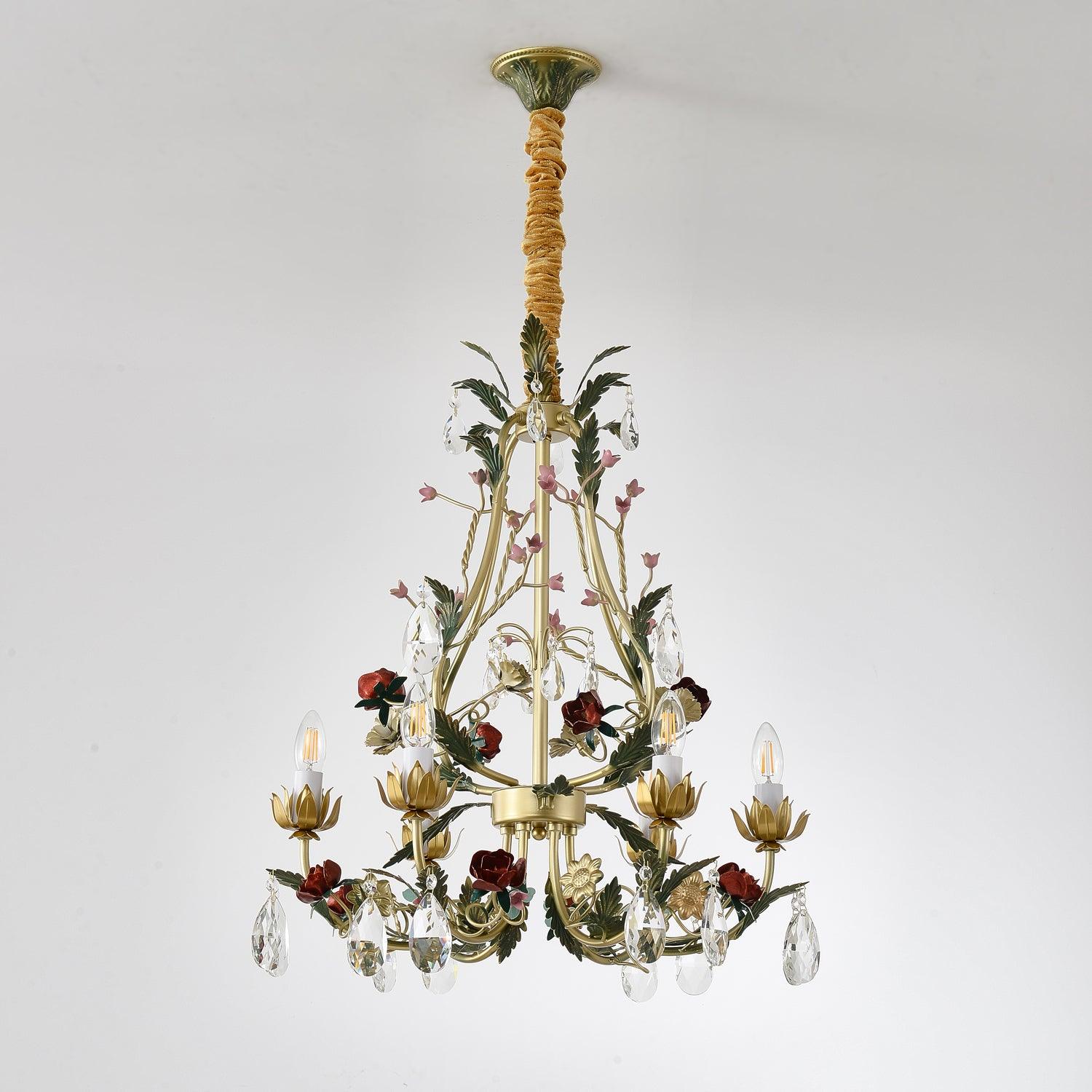 Dythan Chandelier Brass Floral Rose Crystal Candle-Neutral Decor