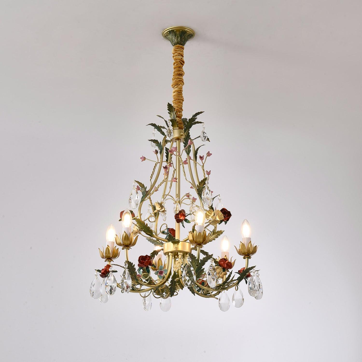Dythan Chandelier Brass Floral Rose Crystal Candle-Neutral Decor