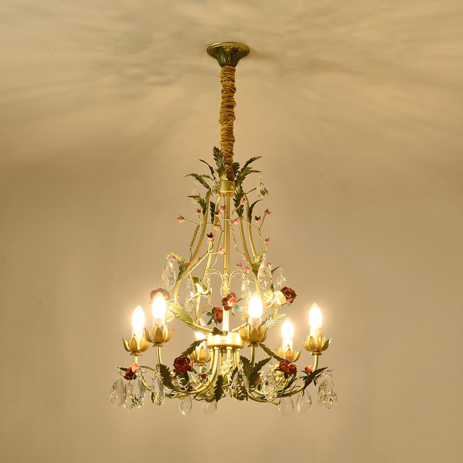 Dythan Chandelier Brass Floral Rose Crystal Candle-Neutral Decor