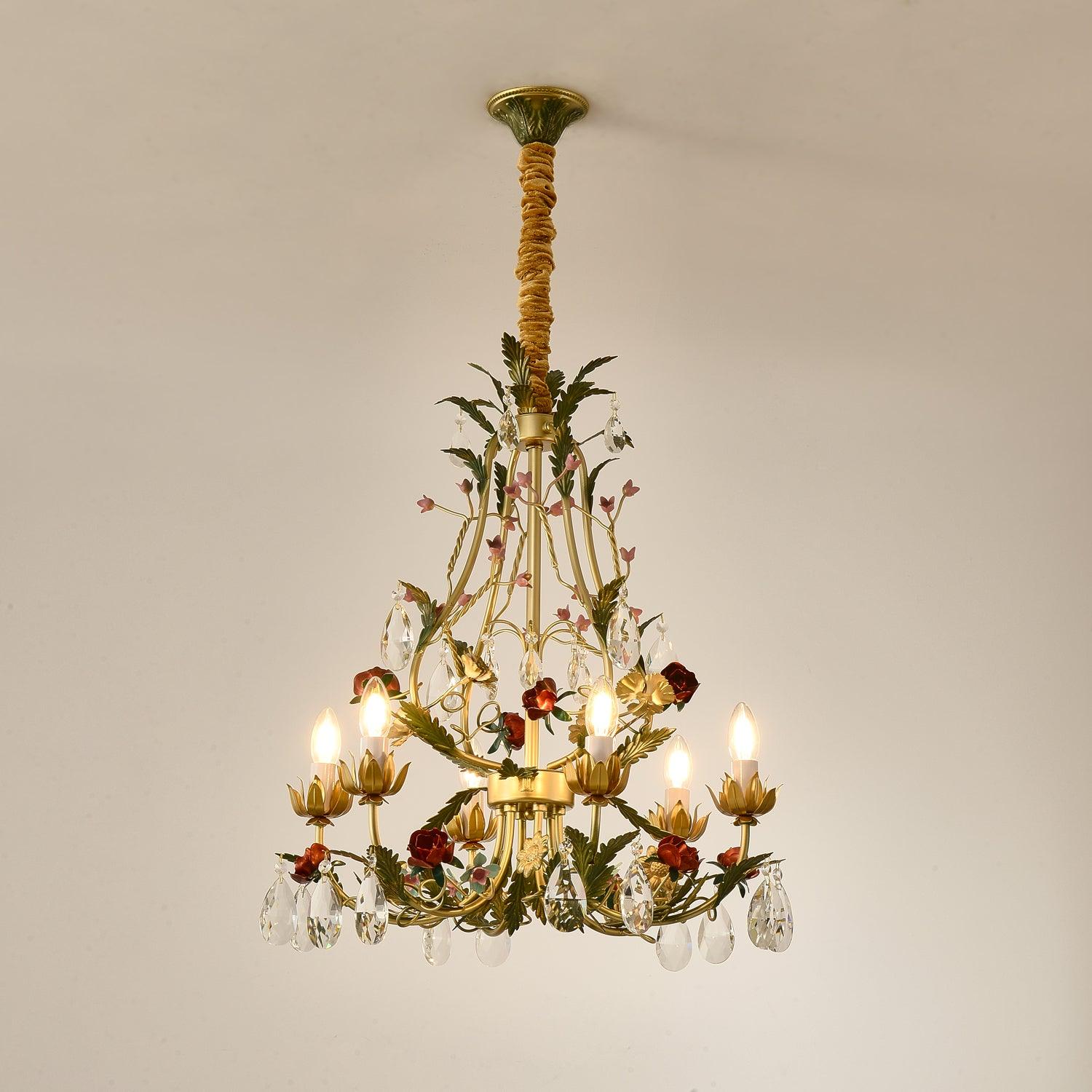 Dythan Chandelier Brass Floral Rose Crystal Candle-Neutral Decor