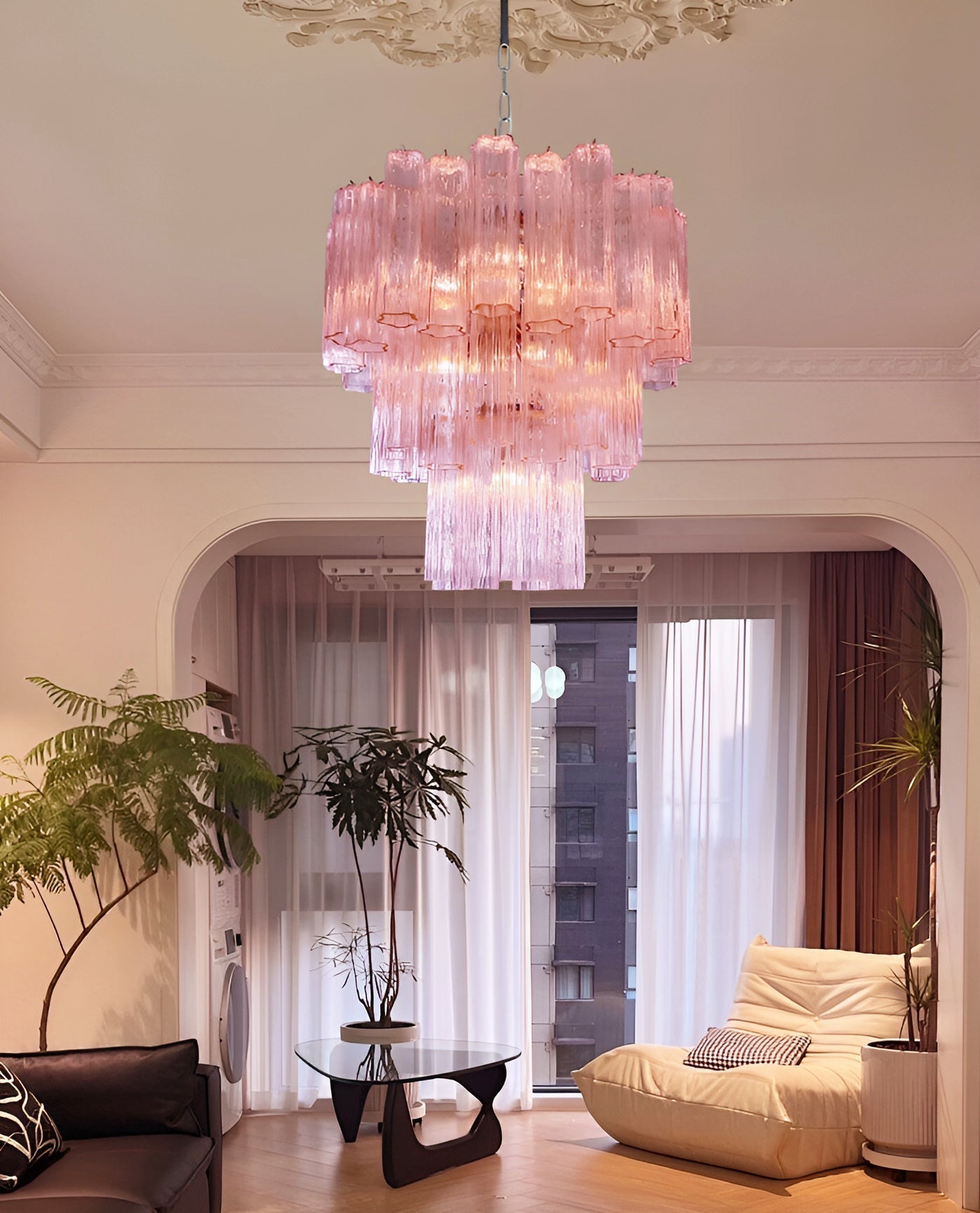 Aurora Chandelier Pink Glass Tubes Layered Modern-Neutral Decor