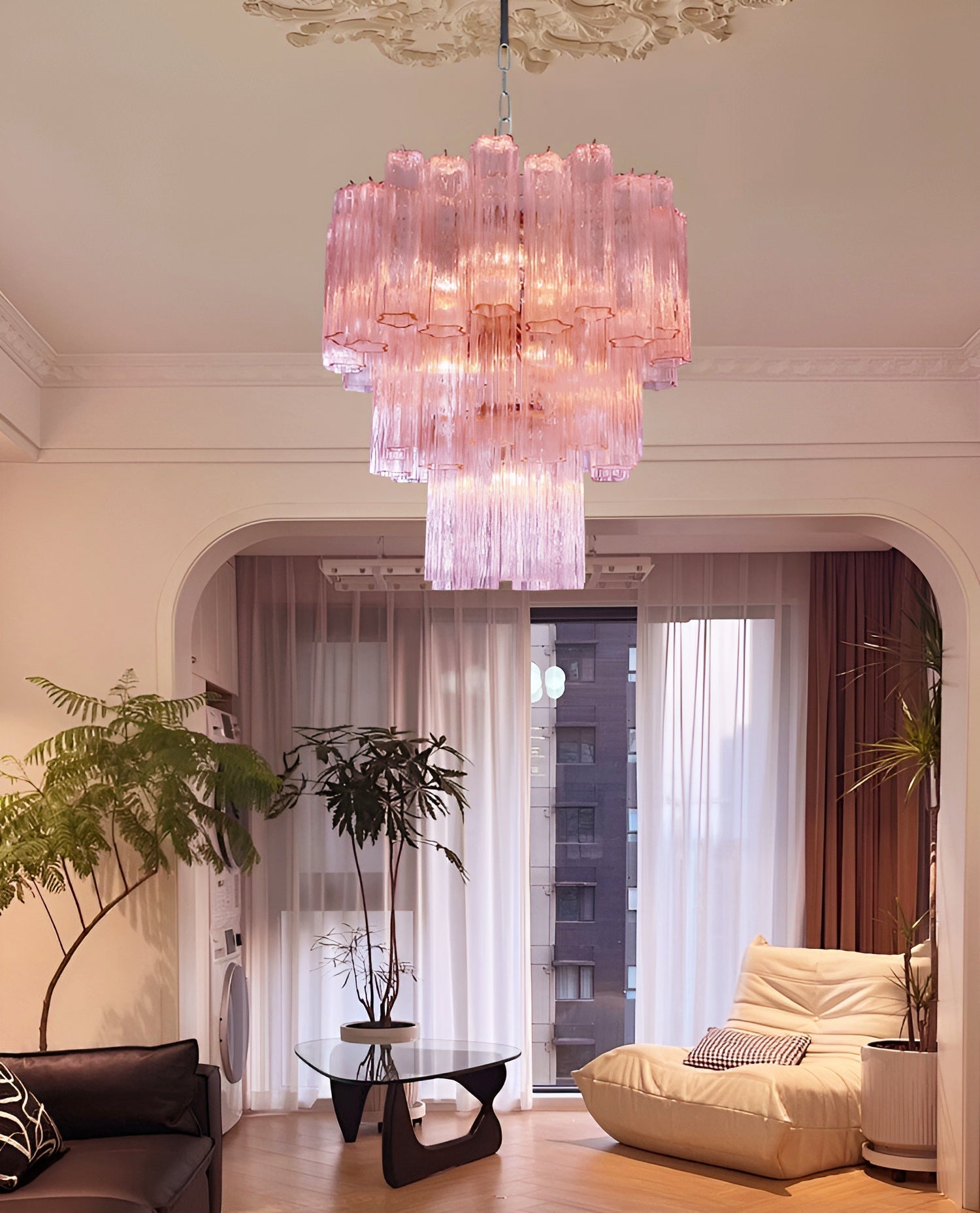 Aurora Chandelier Pink Glass Tubes Layered Modern-Neutral Decor
