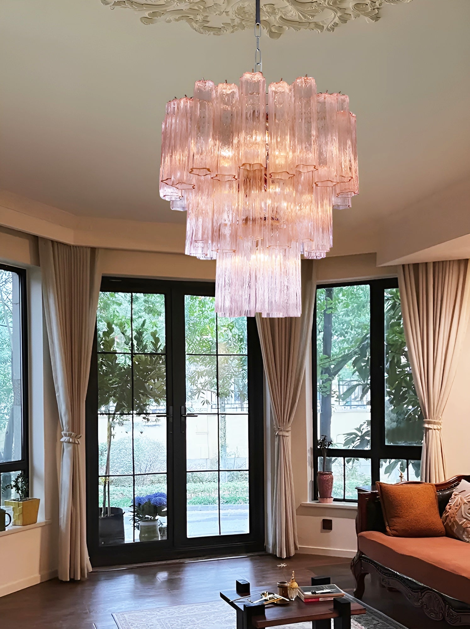 Aurora Chandelier Pink Glass Tubes Layered Modern-Neutral Decor