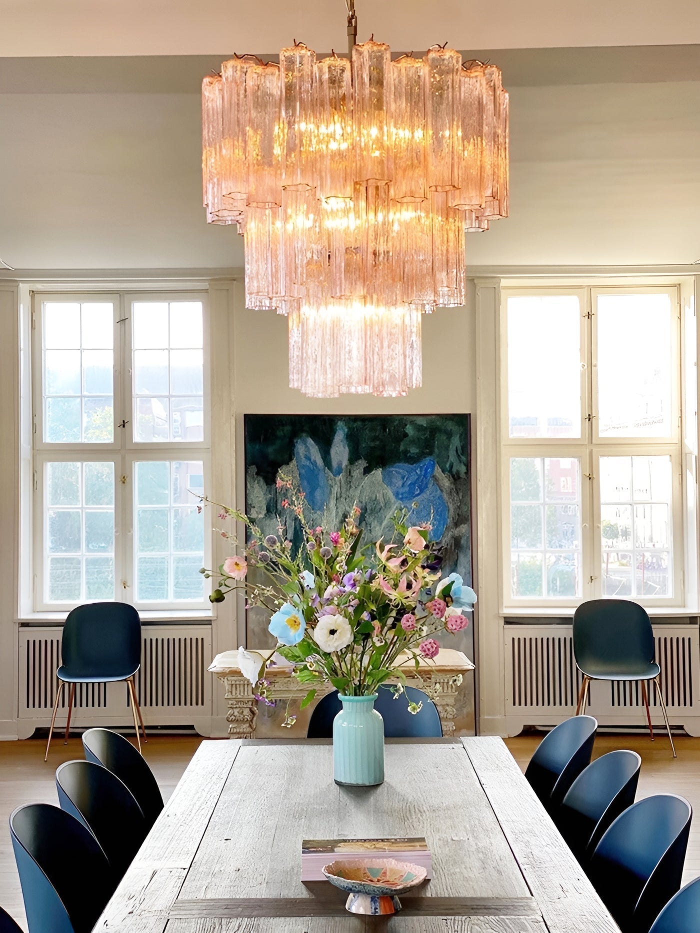Aurora Chandelier Pink Glass Tubes Layered Modern-Neutral Decor