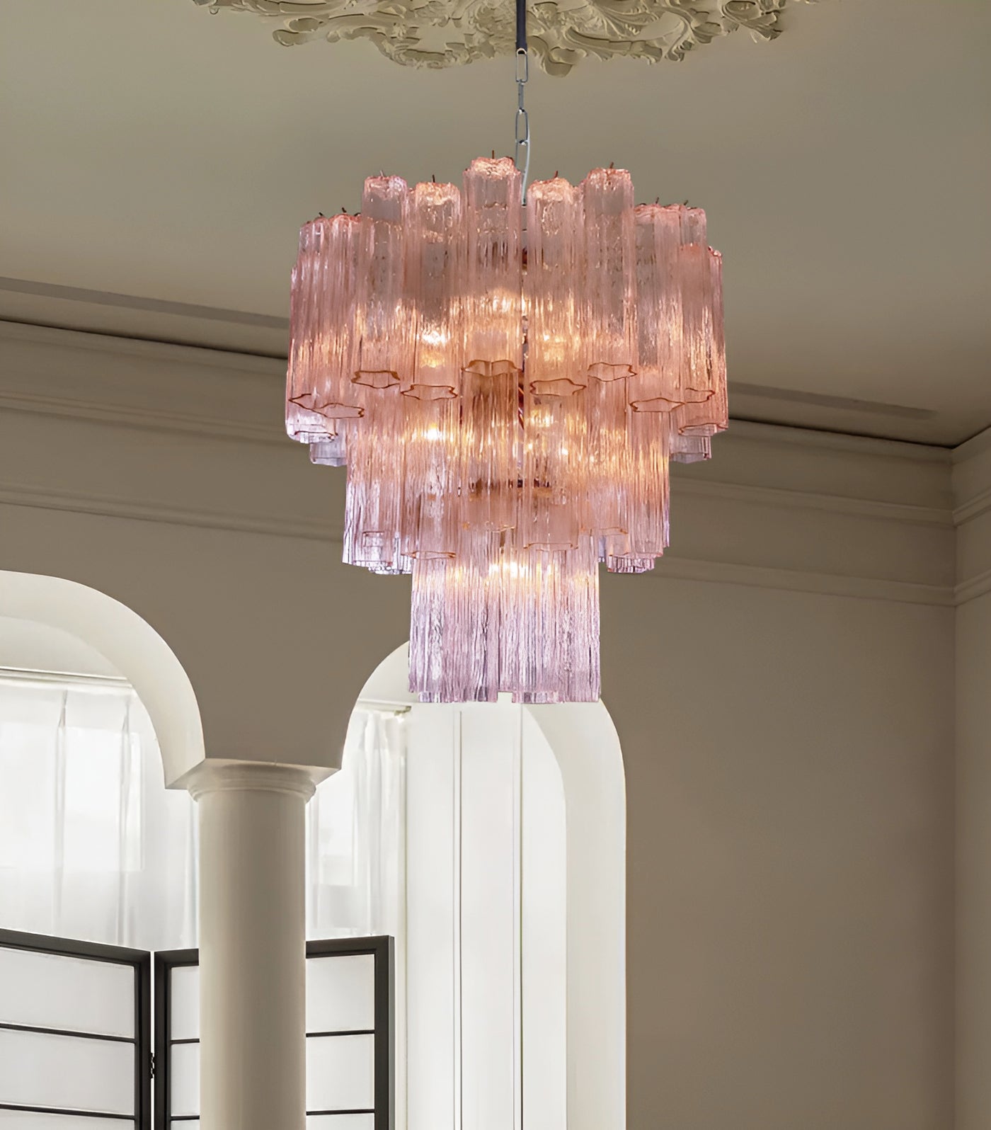 Aurora Chandelier Pink Glass Tubes Layered Modern-Neutral Decor