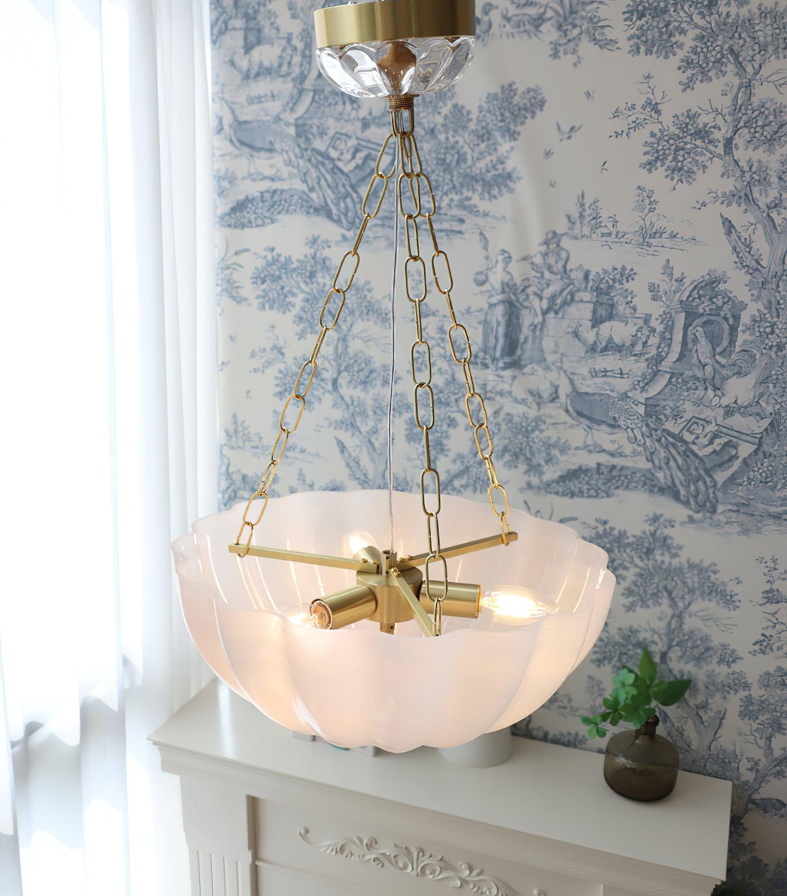 Voriq Chandelier Glass Bowl Brass Chain-Neutral Decor