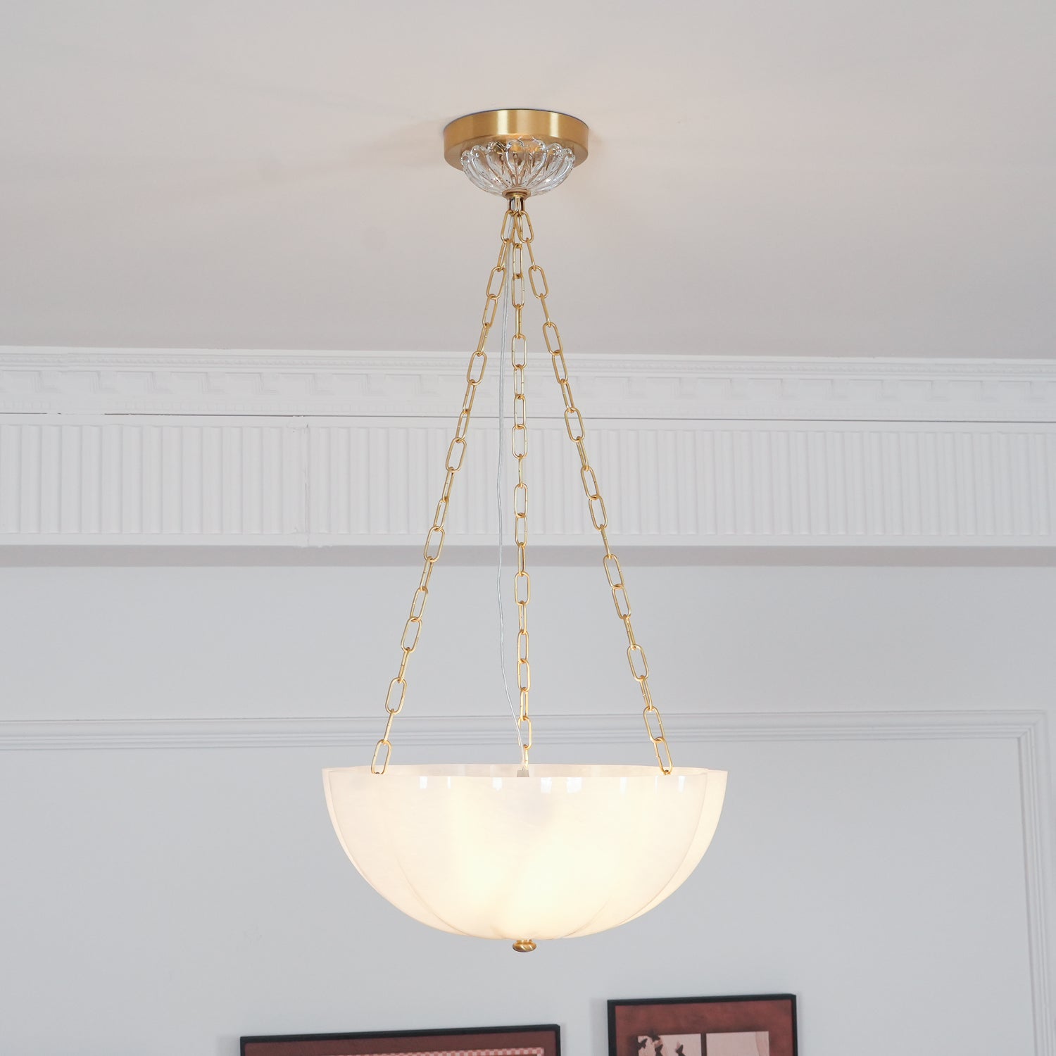 Voriq Chandelier Glass Bowl Brass Chain-Neutral Decor