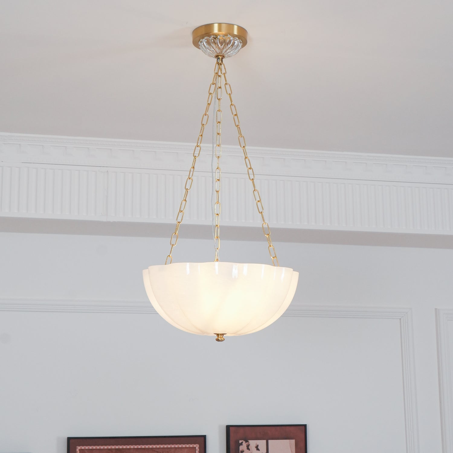 Voriq Chandelier Glass Bowl Brass Chain-Neutral Decor