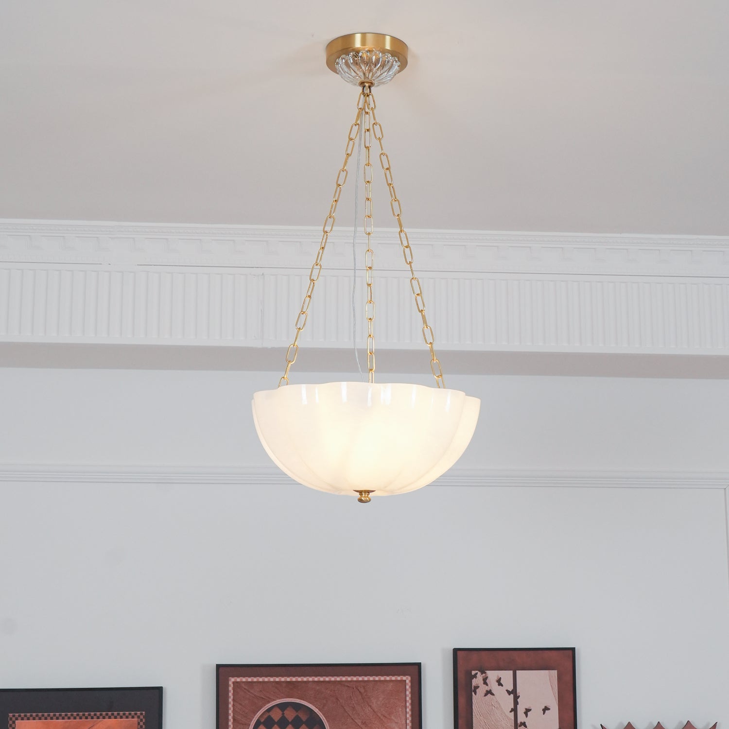 Voriq Chandelier Glass Bowl Brass Chain-Neutral Decor