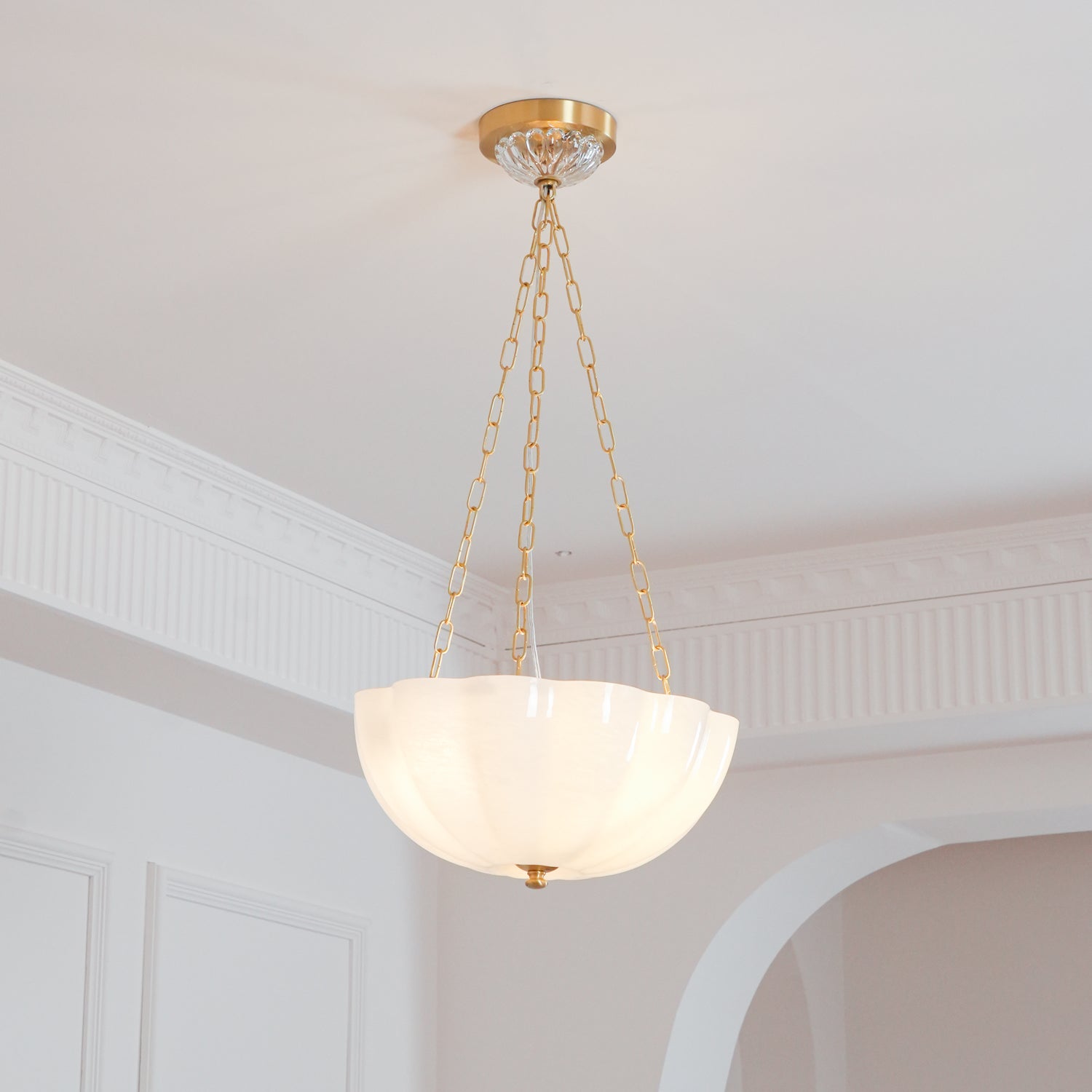 Voriq Chandelier Glass Bowl Brass Chain-Neutral Decor