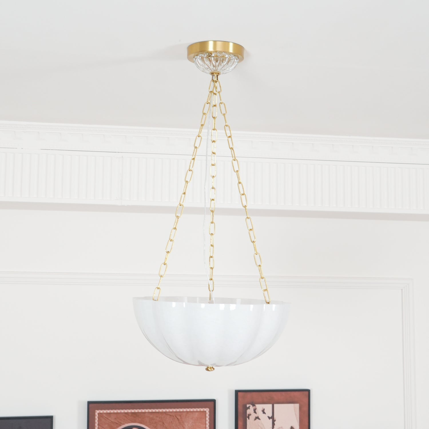 Voriq Chandelier Glass Bowl Brass Chain-Neutral Decor