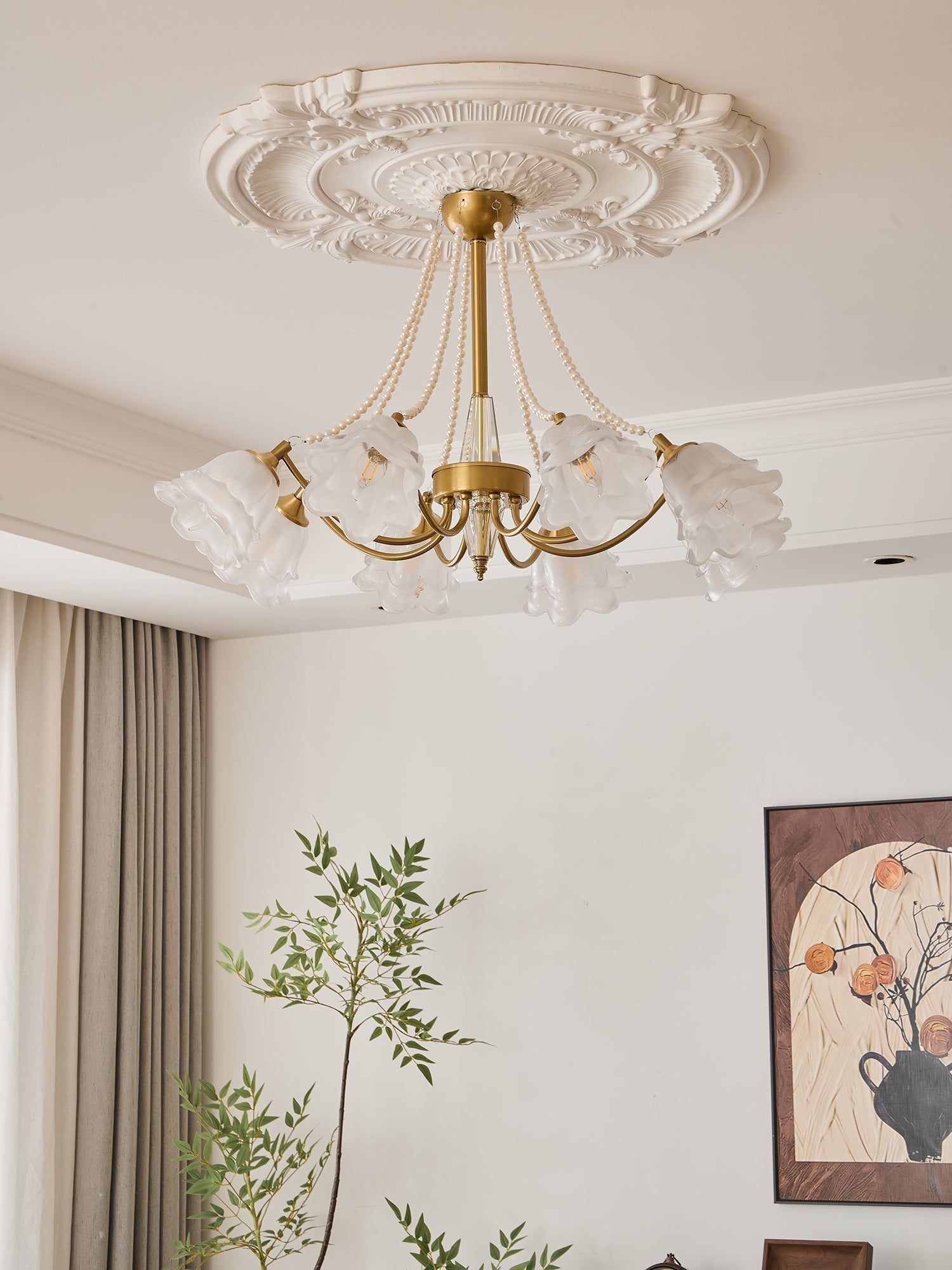 Allirila Traditional Elegance Vintage Bloom Pearls Glass Chandelier-Neutral Decor