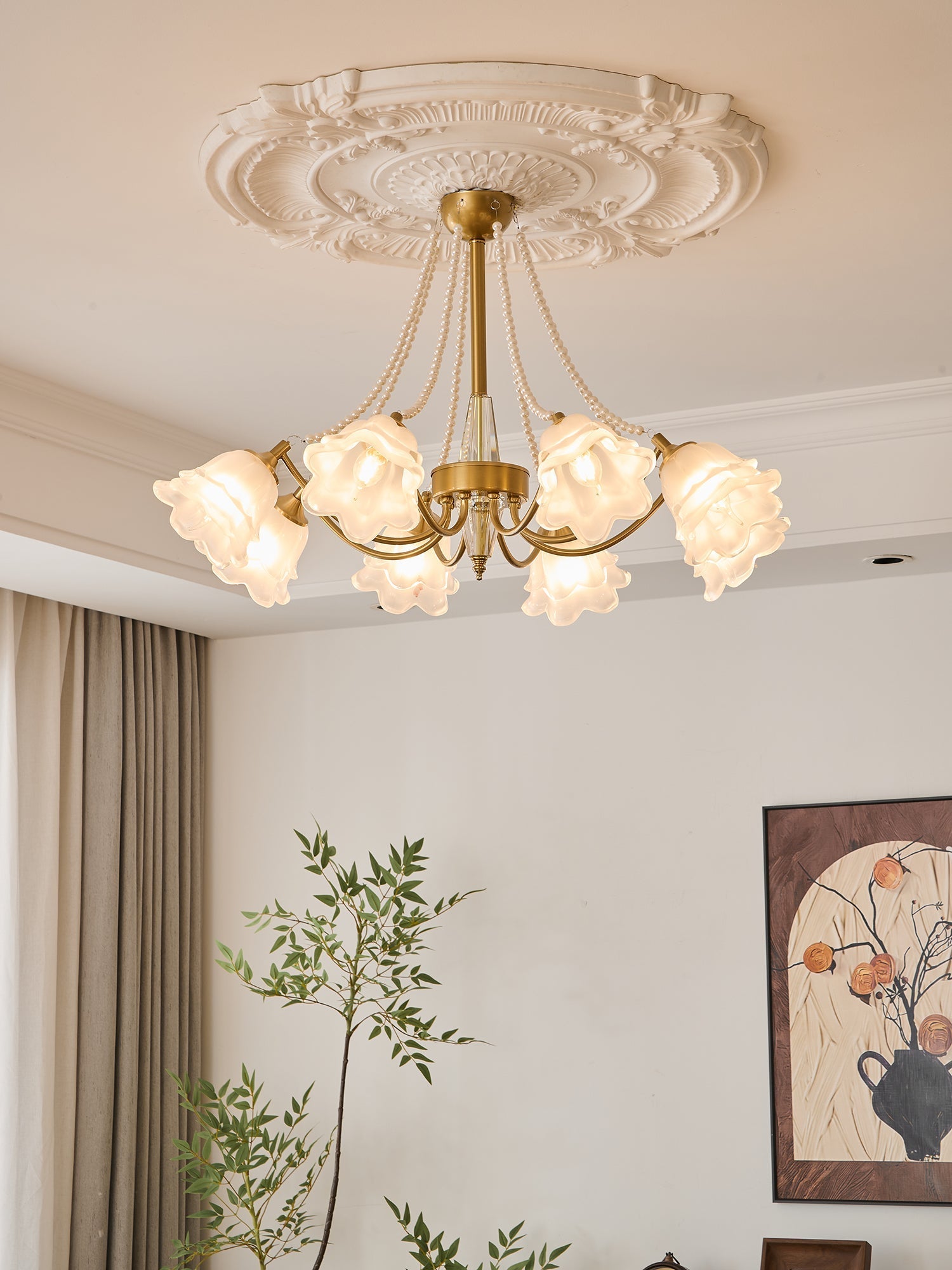 Allirila Traditional Elegance Vintage Bloom Pearls Glass Chandelier-Neutral Decor