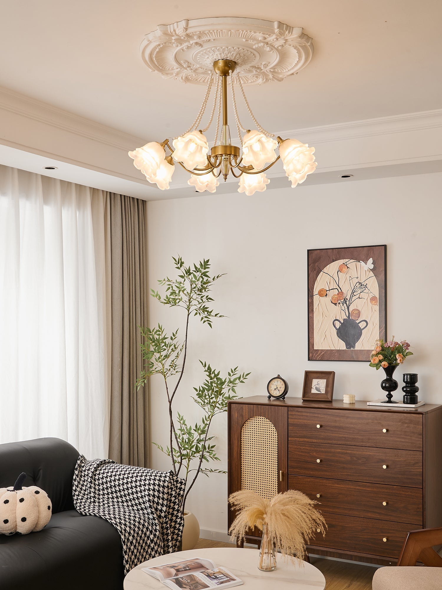 Allirila Traditional Elegance Vintage Bloom Pearls Glass Chandelier-Neutral Decor