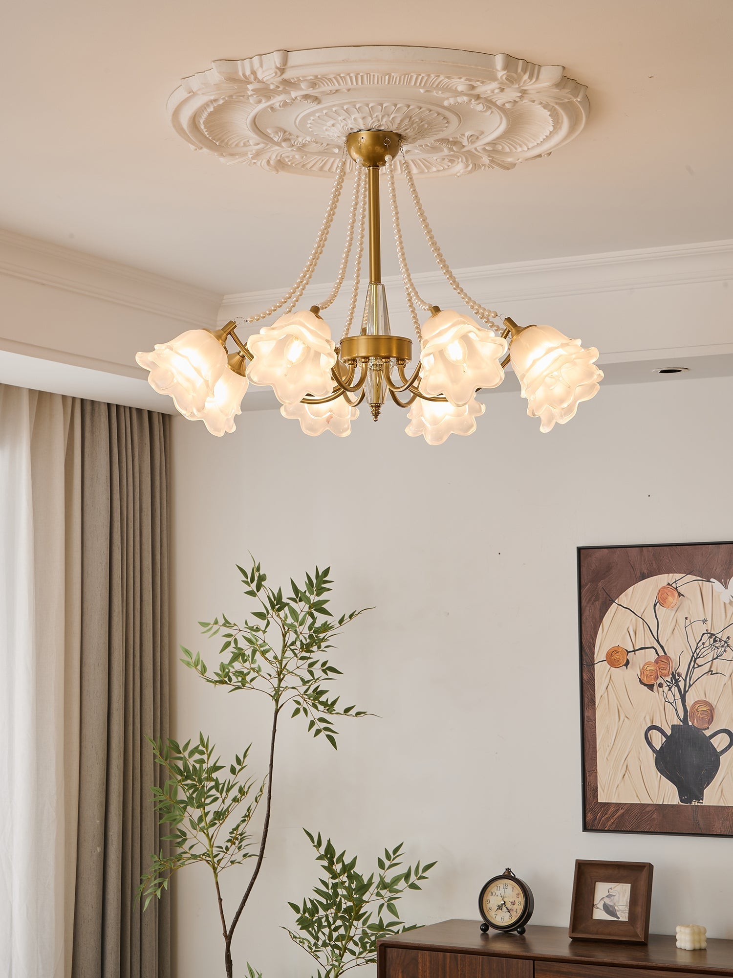 Allirila Traditional Elegance Vintage Bloom Pearls Glass Chandelier-Neutral Decor