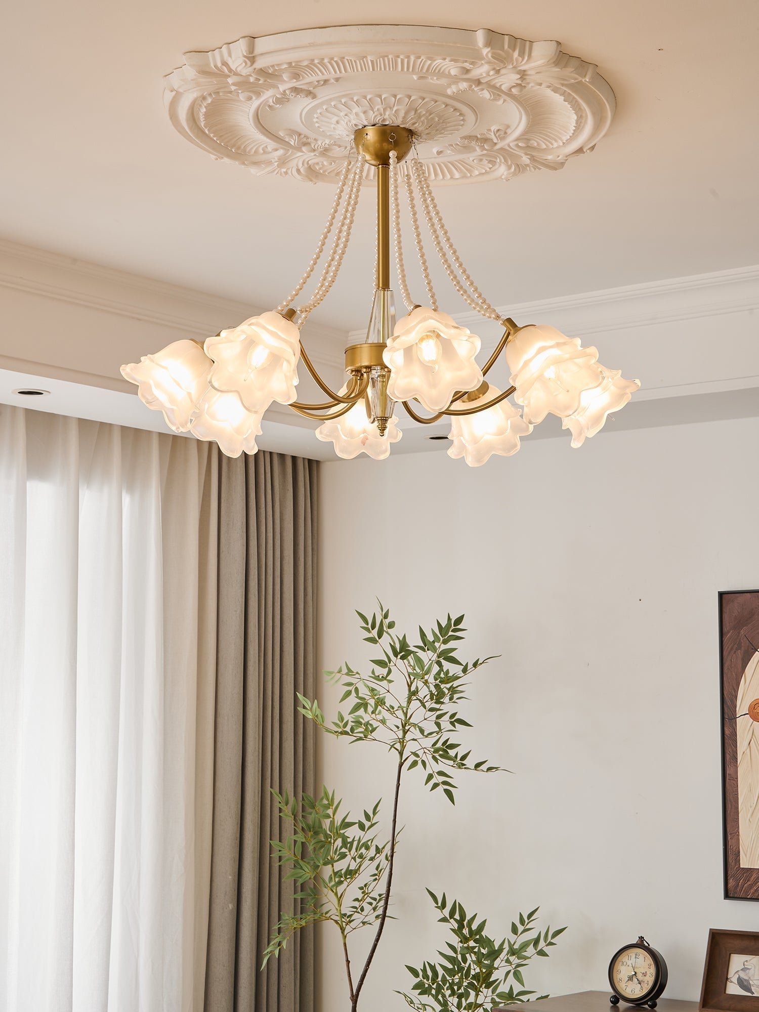 Allirila Traditional Elegance Vintage Bloom Pearls Glass Chandelier-Neutral Decor