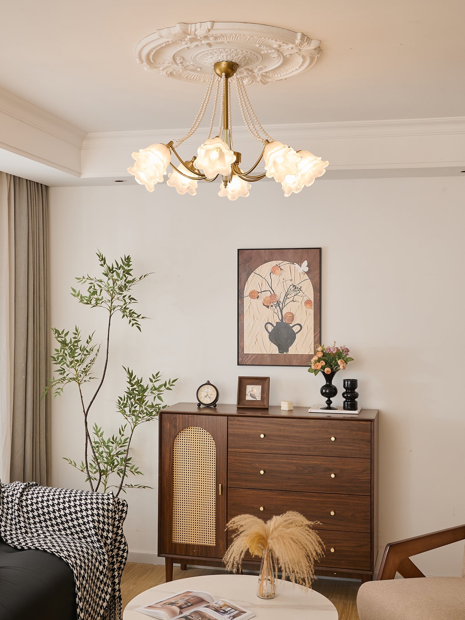 Allirila Traditional Elegance Vintage Bloom Pearls Glass Chandelier-Neutral Decor
