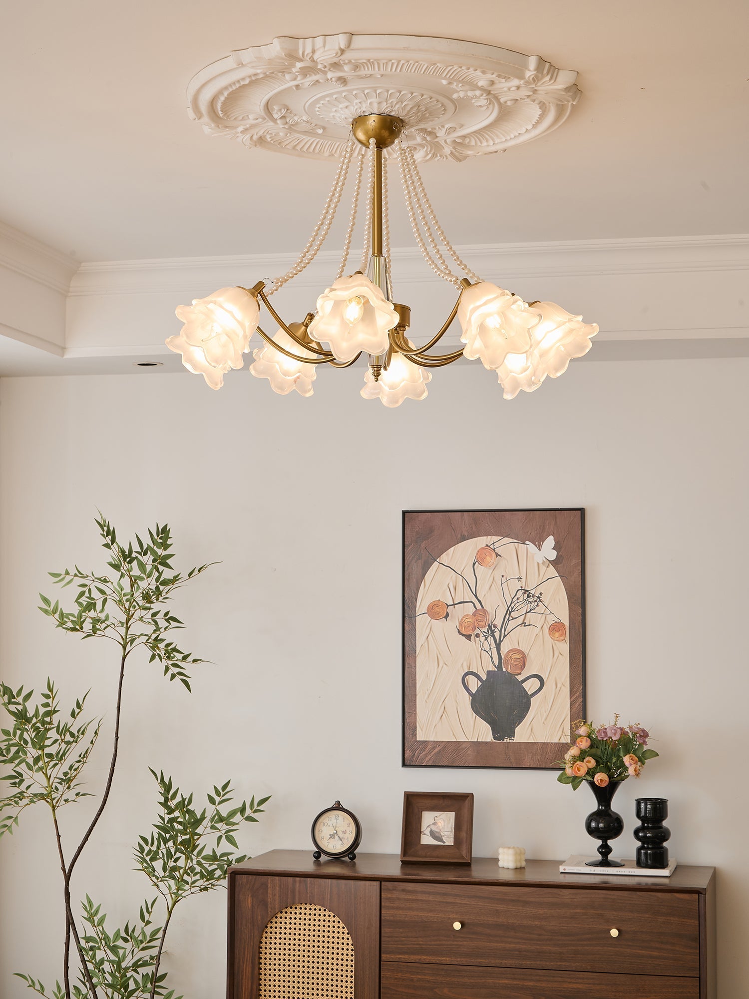 Allirila Traditional Elegance Vintage Bloom Pearls Glass Chandelier-Neutral Decor