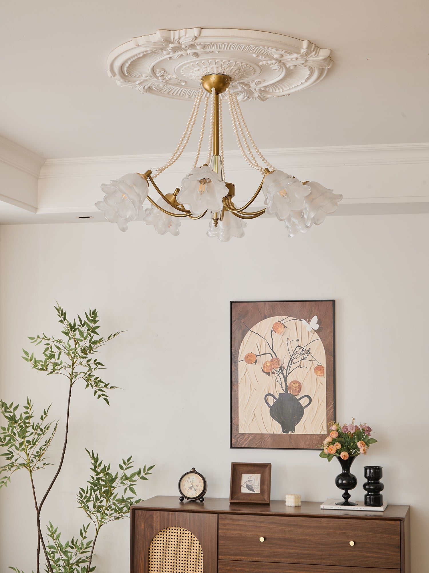 Allirila Traditional Elegance Vintage Bloom Pearls Glass Chandelier-Neutral Decor