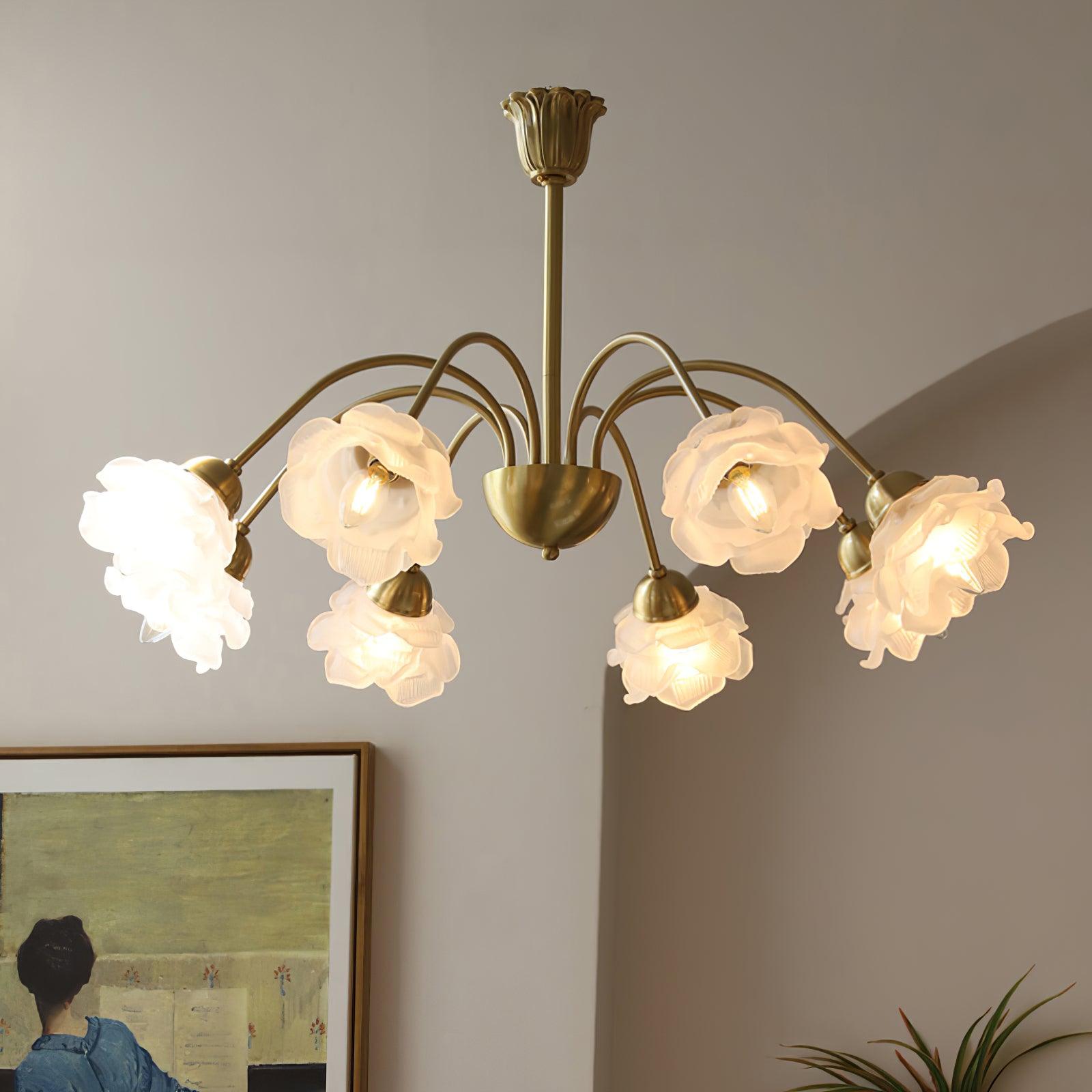 Brenis Chandelier Brass Glass Rose Floral-Neutral Decor