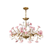 Roseto Chandelier with pink ceramic roses and crystal details.