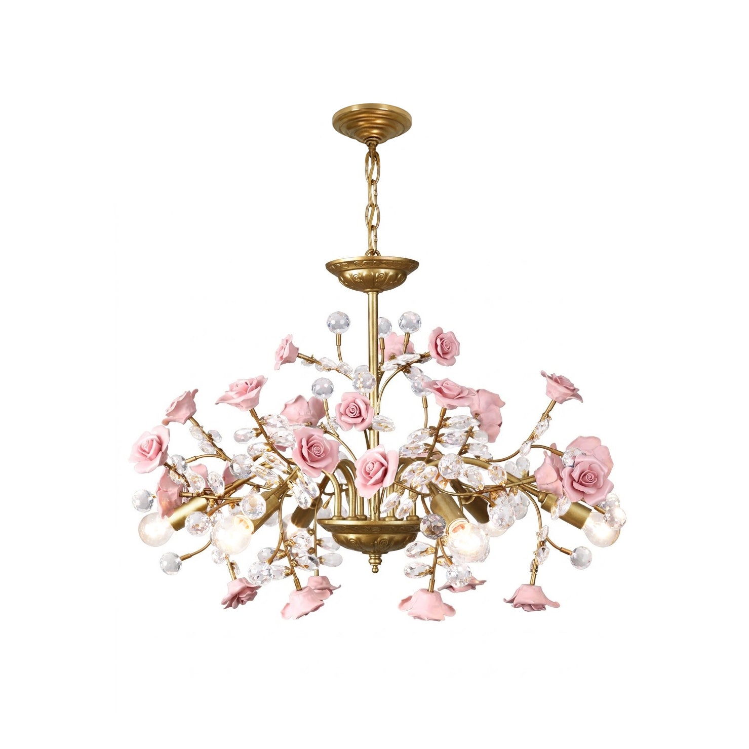 Roseto Chandelier with pink ceramic roses and crystal details.