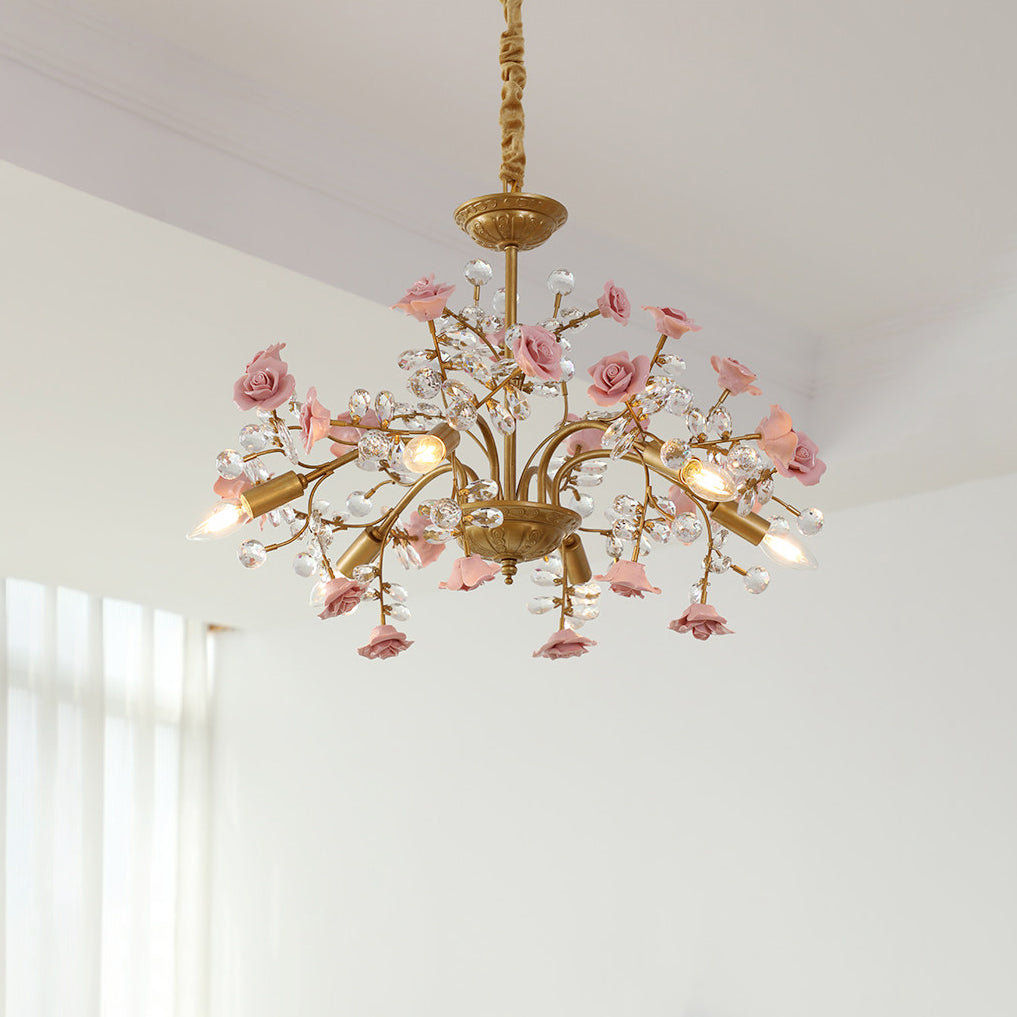 Angled view of the Roseto Chandelier, highlighting its romantic design.