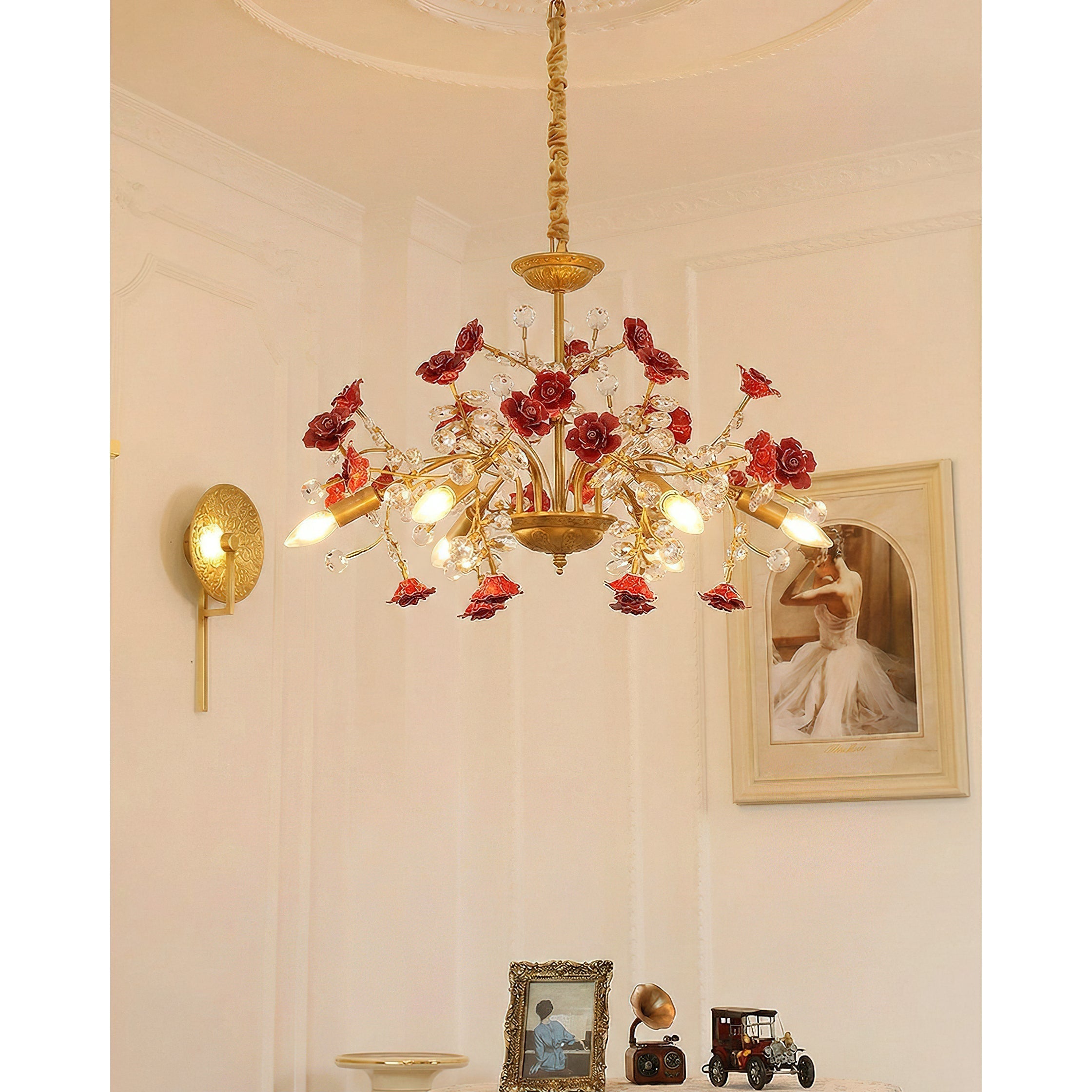 Detail shot of the cascading faceted crystals on the Roseto Chandelier.