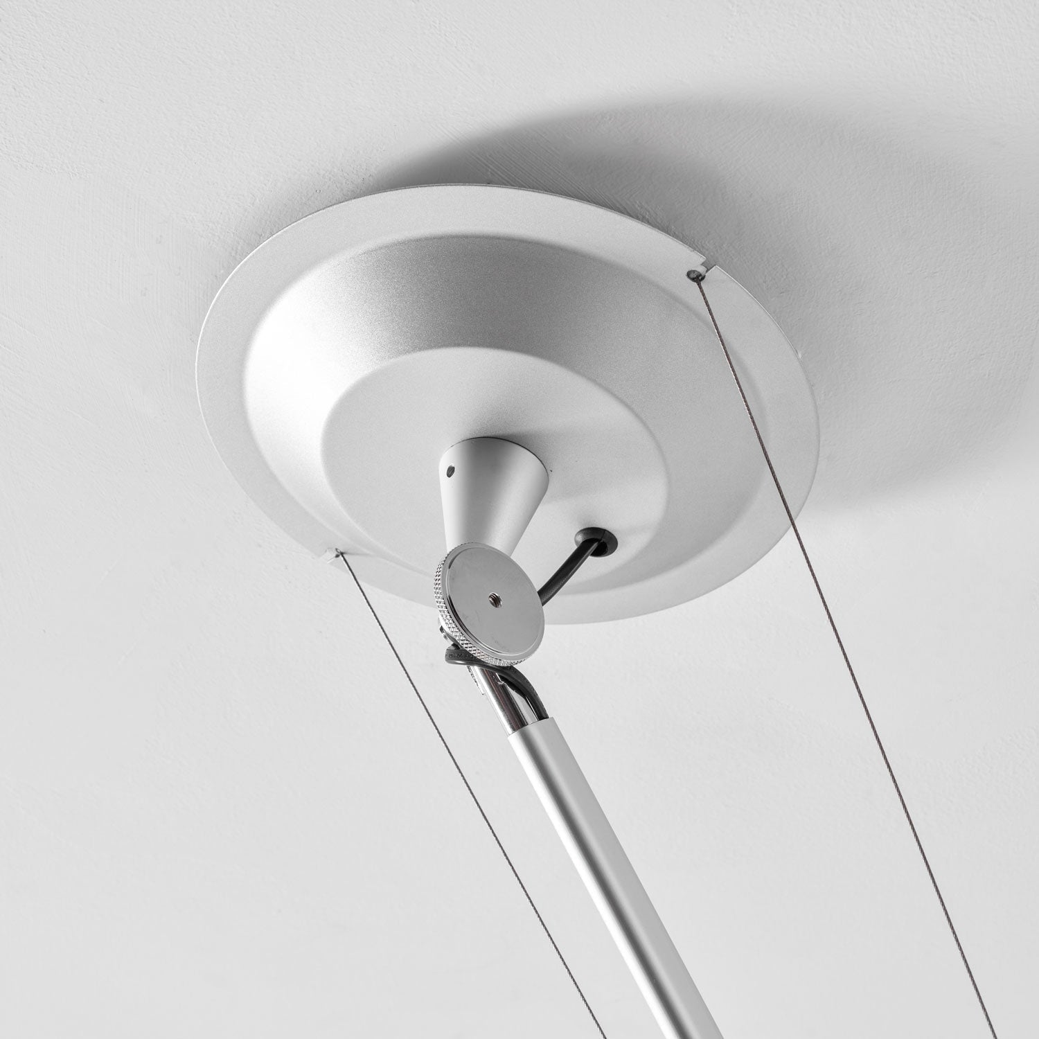 The white Costanza lamp against a colorful wall.