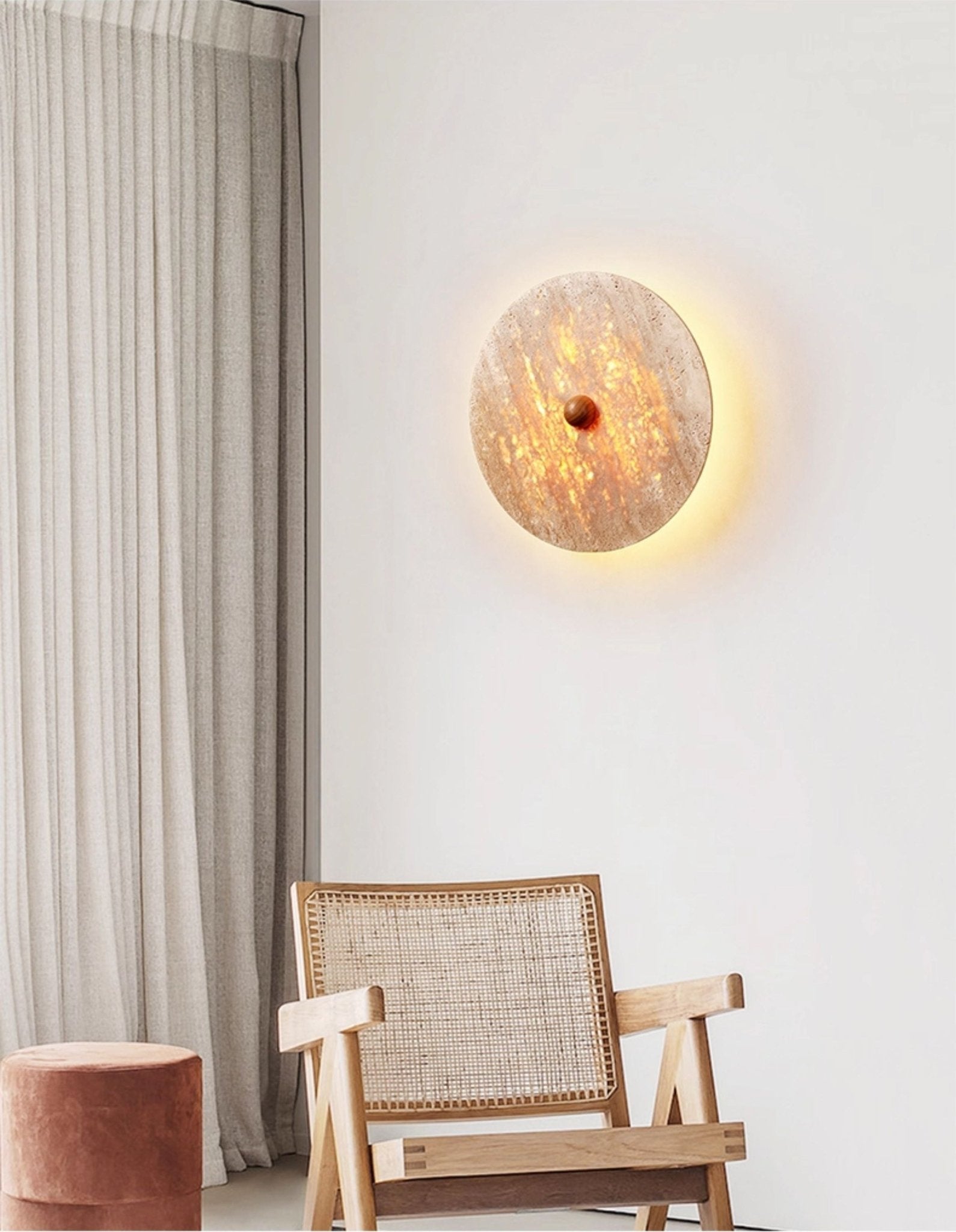 Round Travertine Disk Wall Lamp-Neutral Decor