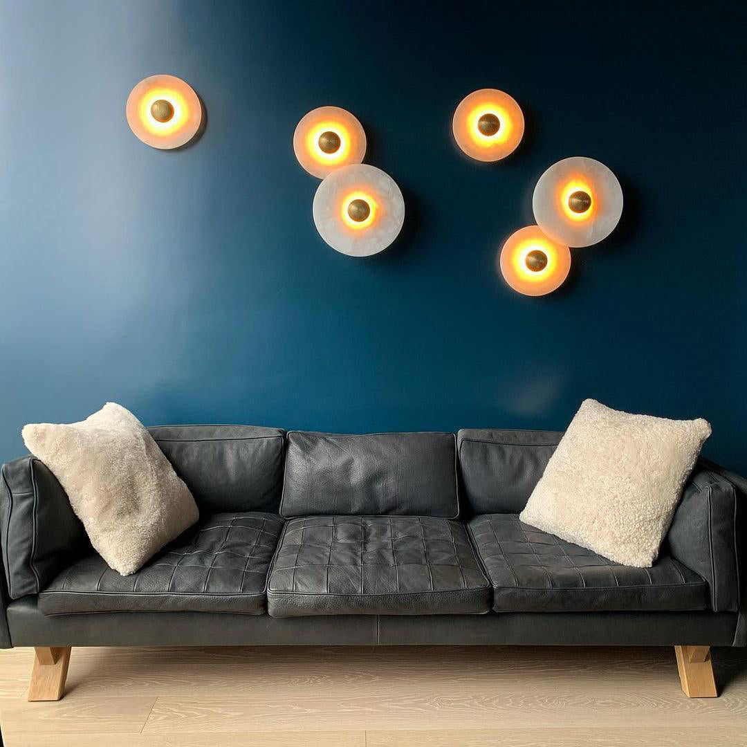 Round Wall Lamp Alabaster Fluted Brass